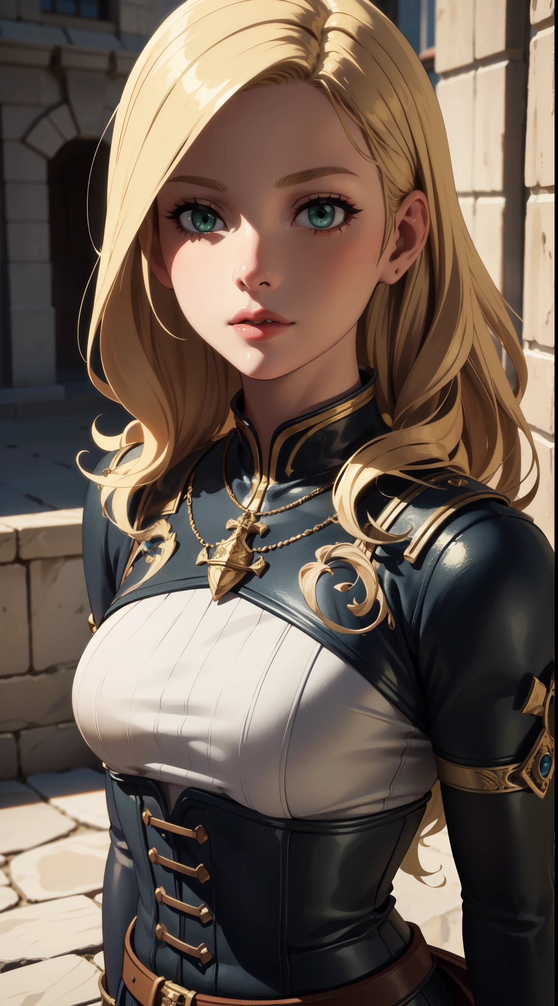 1girl, masterpiece, best quality, 8k, detailed skin texture, detailed cloth texture, beautiful detailed face, intricate details, ultra detailed, a european girl, green eyes, blonde curly hai, 3D character, Medieval Knight