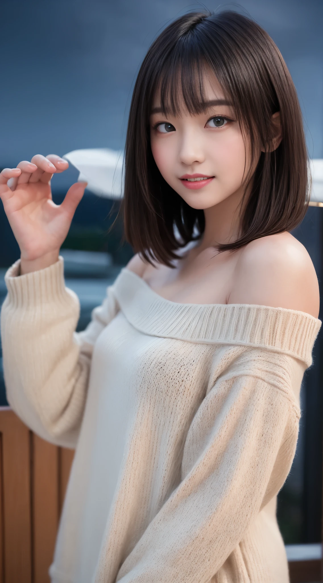 table top, highest quality, 8k, 8--old,th geface,RAW photo, absurd, award winning portrait, smile, blush,alone, (night:1.8), idol face, delicate girl,delicate body, Upper body, Digital single-lens reflex camera, looking at the viewer, Frank, Sophisticated,thin arms, thin body,tap on the shoulder,professional lighting, film grain, chromatic aberration, (Eye and face details:1.0), black haired , shortcut,bangs,drooling eyes , moderately large breasts,valley,knitted clothes,white knitwear,texture,overexposure,Shoulders are sticking out,tight clothes,(off shoulder),胸のvalley間,I can see your breasts,((shoulders look nice)),((valley間が見える)),Fabric area is reduced,highly exposed,she wants to see her skin,((胸のvalley間)),(Upper body),