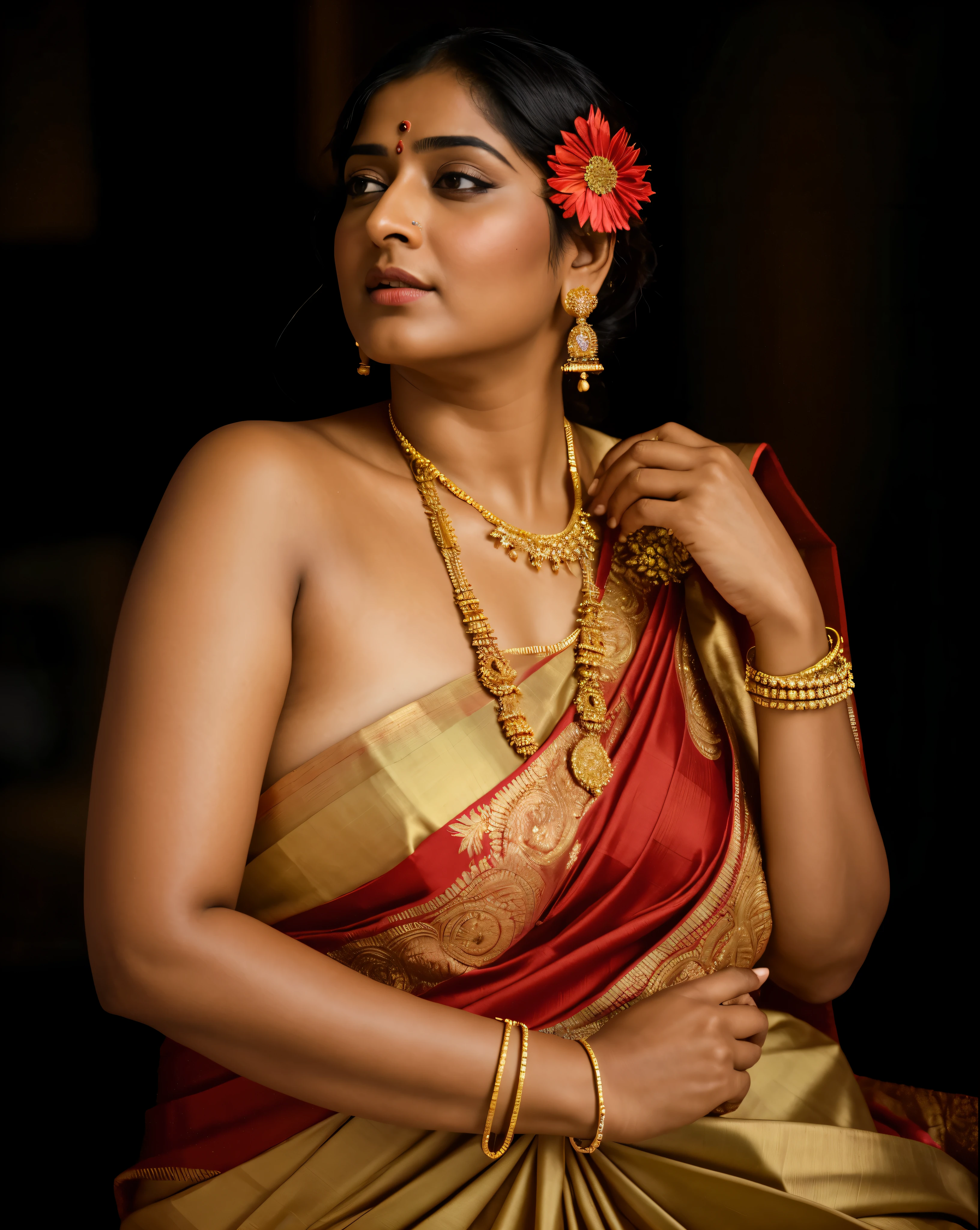 Foto RAW, photorealistic, photography, full body shot, master shot, Saree model, model Photography, Indian saree shoot, Indian traditional wear advertising photography, traditional wear brand shoot, face of Indian actress Anushka shetty, masterpiece, realistic, realism, photorealism, high contrast, photorealistic Artstation 8k HD digital art trend of high definition and detailed realistic skin texture, ultra detail, realistic skin texture, armature, best quality, ultra high definition, (photorealistic:1.4),, high resolution, detail, raw photo, Re sharp, by Lee Jefferies Nikon D850 Film Stock Photo 4 Kodak Portra 400 Camera F1.6 Lens Rich Color Ultra Real Realistic Realistic Textures Dramatic Lighting Unreal Engine Trending at Art Station Cinestill 800,(pele altamente detalhada: 1.2), 8k UHD, DSLR, soft-lighting, alta qualidade, grain of film, Fujifilm XT3