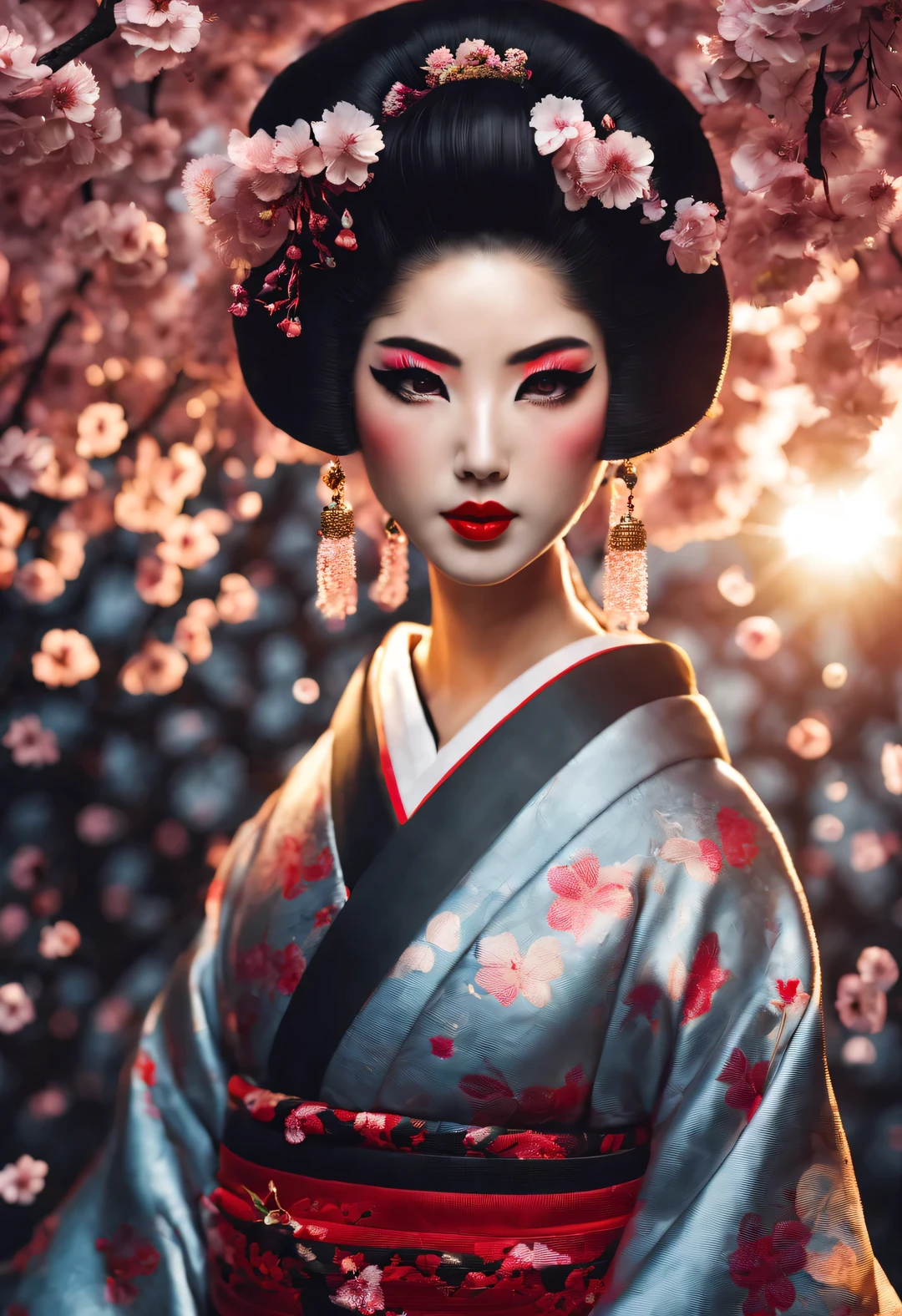 A geisha stands gracefully under the cherry blossoms, There are a lot more, Many red cherry blossom petals fall one after another,
White base makeup on girl's face without any highlight or shadow decoration. All-white makeup covering face and neck. Red lip makeup is a small mouth that is smaller than the normal lip area. Thick eyeliner can emphasize the eye contour, Strengthen eyes, Pupils appear dark and deep. One-line eyebrows are eye-catching without being harsh, And the whole face is clean. Typical Japanese Geisha makeup,
Wearing a gorgeous kimono embroidered with black and gold cherry blossoms, This is a long-sleeved kimono, Wearing Japanese clogs,
background: under the sunset, Many red cherry blossom petals fall one after another, deep pink and blue,
Surrealism, Realistic depiction of light and shadow, Real and exaggerated photos, super high quality, Super detailed details, movie shot, shallow view deep,