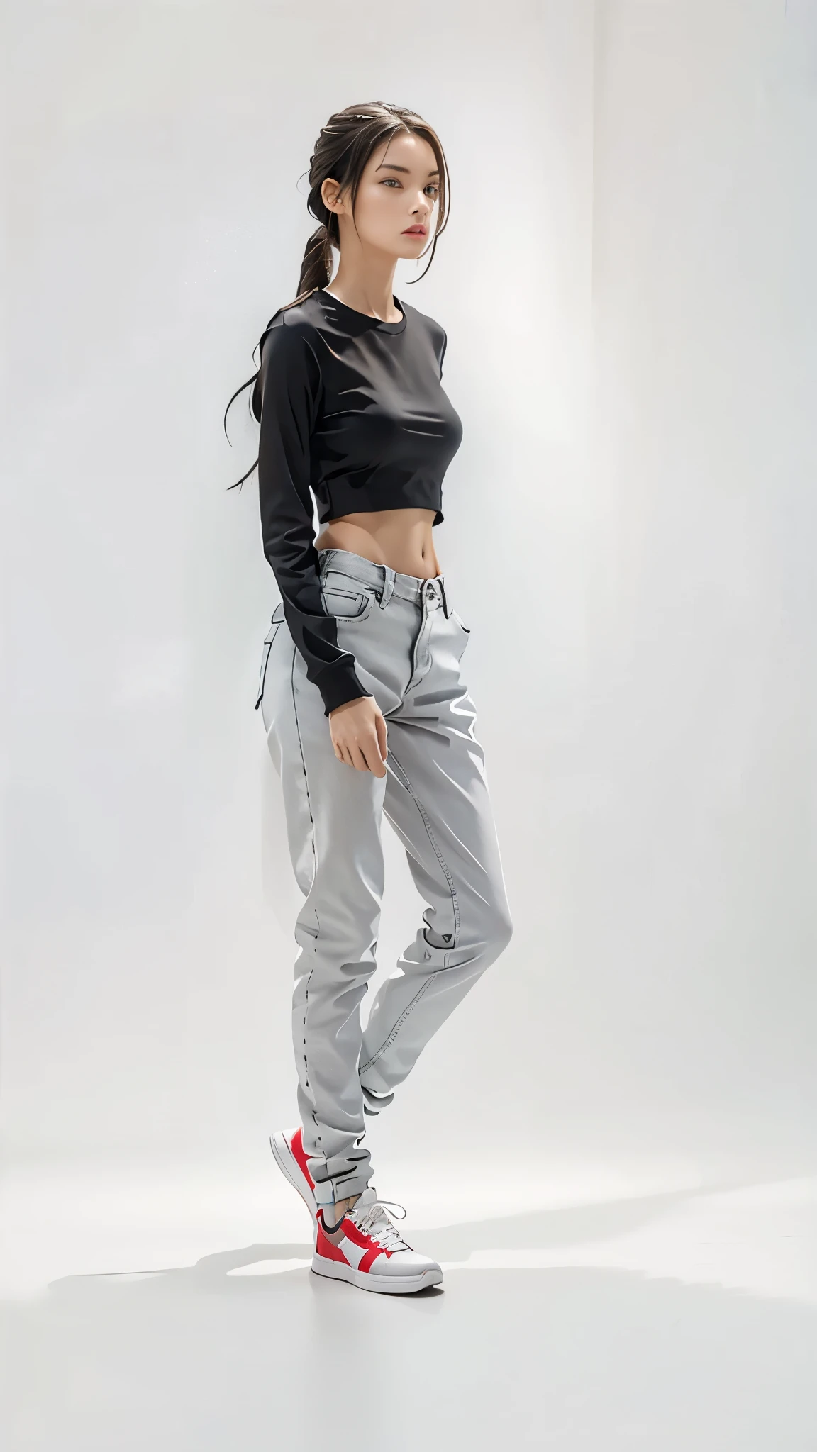 16K, Masterpiece, photorealism, A girl walks to her full height, a girl with dark long hair, a girl dressed in a white top, light jeans, white sneakers, white background,