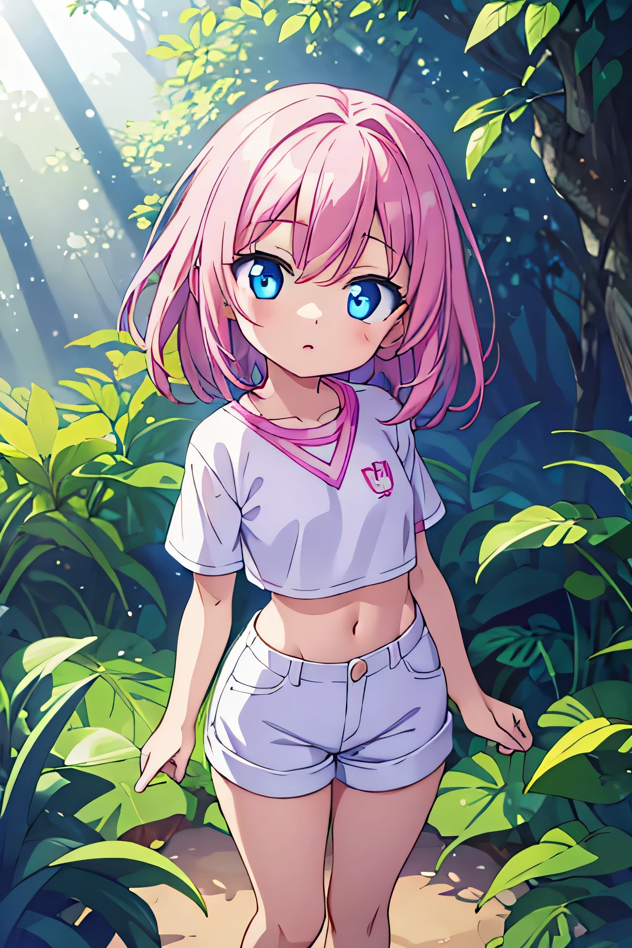 Young girl, blaue Augen, pinkes Haar, wearing white shorts and a white crop top, im Wald stehen, neugieriger Ausdruck, Blick auf den Betrachter, Hohe Detailgenauigkeit, realistische Proportionen, Sanfte Beleuchtung, Divine atmosphere, Sonnenlicht scheint von oben herab