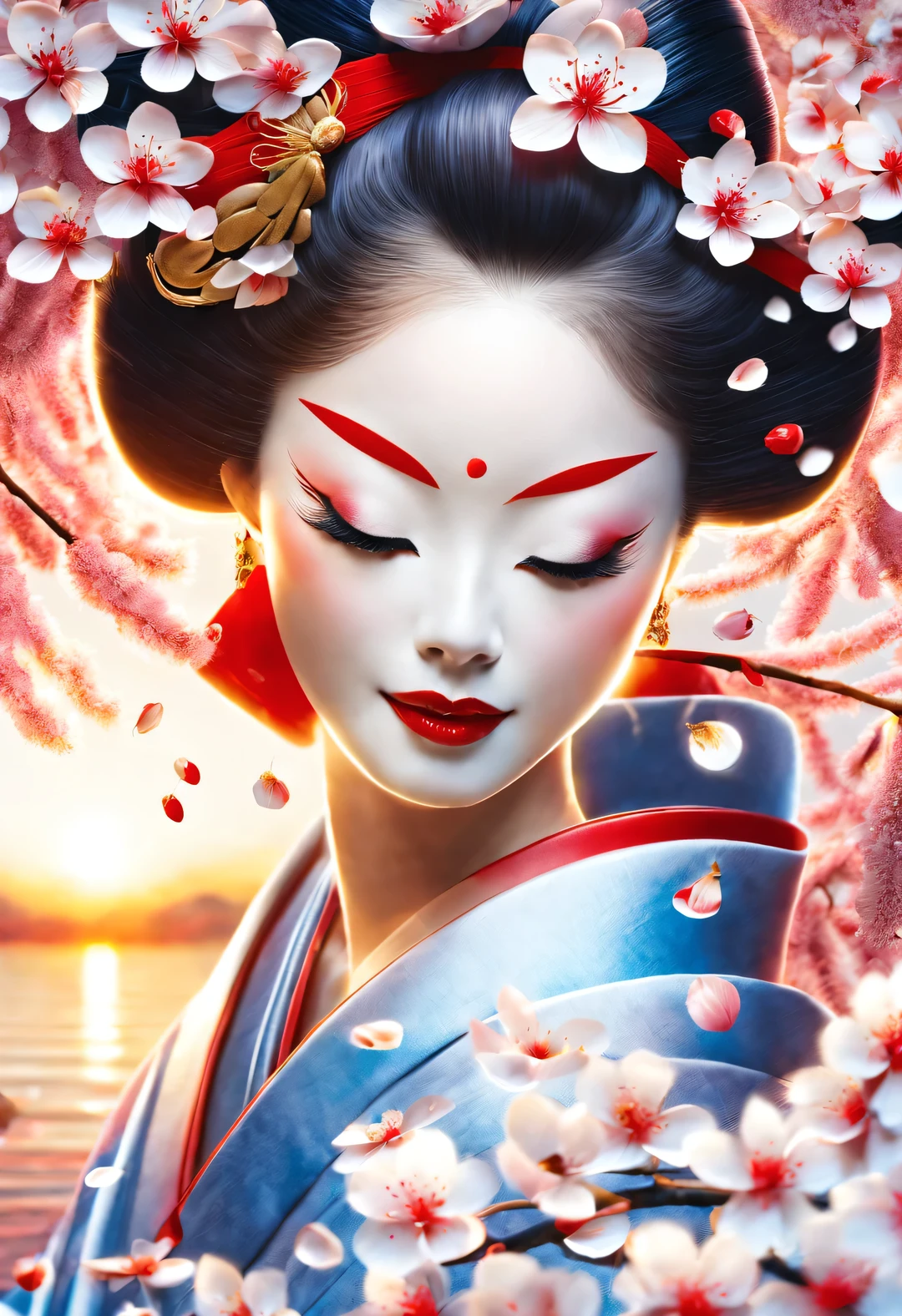(Under white cherry blossoms，Geisha stands gracefully, Look back and smile: 0.85), (many, many white cherry blossom petals are falling one after another),
White base makeup on girl&#39;s face without any highlight or shadow decoration. All-white makeup covering face and neck. Red lip makeup is a small mouth that is smaller than the normal lip area. Thick eyeliner can emphasize the eye contour, Strengthen eyes, Pupils appear dark and deep. One-line eyebrows are eye-catching without being harsh, And the whole face is clean. Typical Japanese Geisha makeup,
(Wearing a gorgeous kimono embroidered with black and gold cherry blossoms: 0.8), Long-sleeved kimono, Wearing Japanese getas,
background: under the sunset, many red cherry blossom petals fall one after another, deep pink and blue,
Surrealism, Realistic depiction of light and shadow, Real and exaggerated photos, super high quality, Super detailed details, movie shot, shallow view deep,
