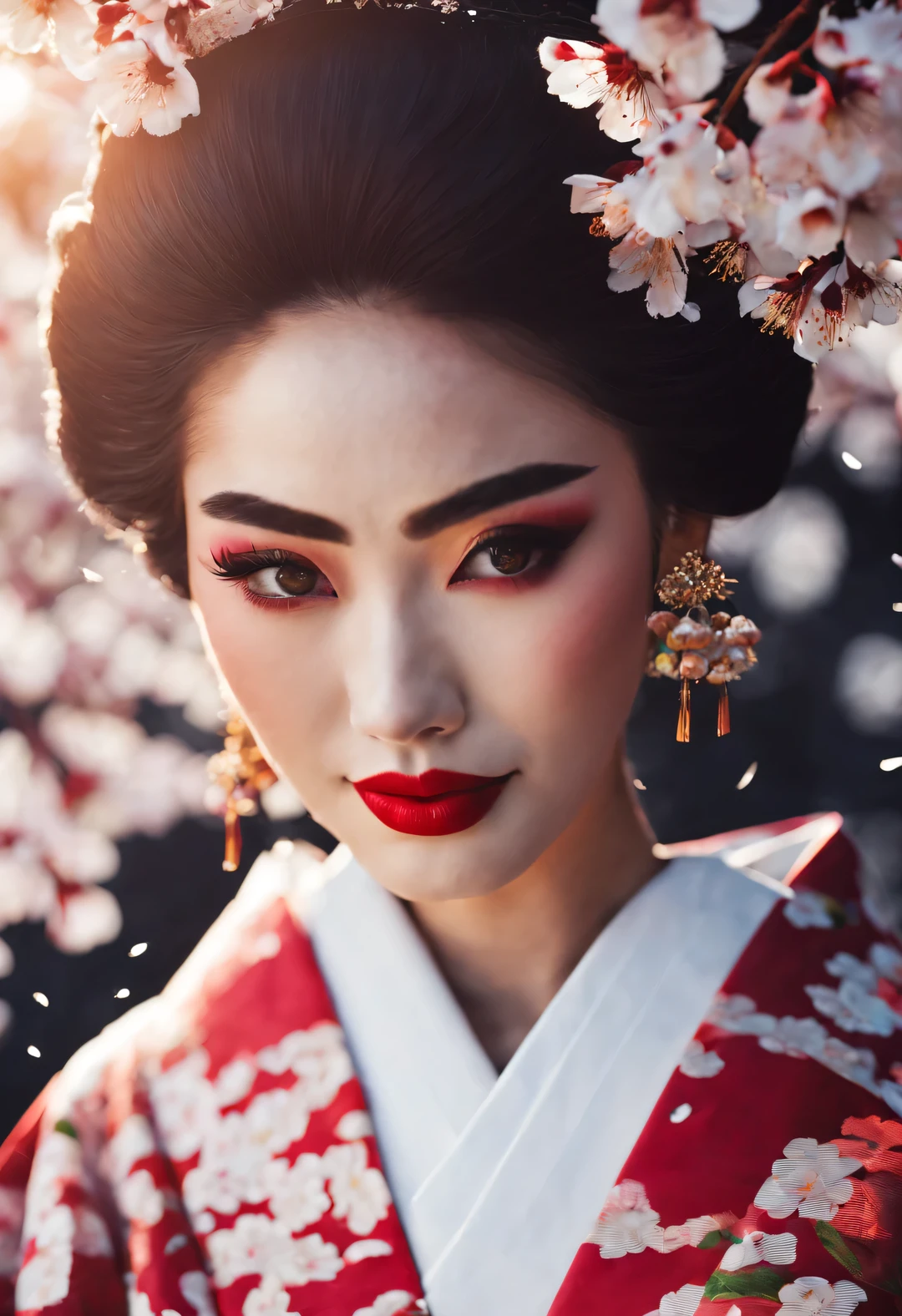 (Under white cherry blossoms,Geisha stands gracefully, Look back and smile: 0.85), (many, many white cherry blossom petals are falling one after another),
White base makeup on girl's face without any highlight or shadow decoration. All-white makeup covering face and neck. Red lip makeup is a small mouth that is smaller than the normal lip area. Thick eyeliner can emphasize the eye contour, Strengthen eyes, Pupils appear dark and deep. One-line eyebrows are eye-catching without being harsh, And the whole face is clean. Typical Japanese Geisha makeup,
(Wearing a gorgeous kimono embroidered with black and gold cherry blossoms: 0.8), Long-sleeved kimono, Wearing Japanese getas,
background: under the sunset, many red cherry blossom petals fall one after another, deep pink and blue,
Surrealism, Realistic depiction of light and shadow, Real and exaggerated photos, super high quality, Super detailed details, movie shot, shallow view deep,