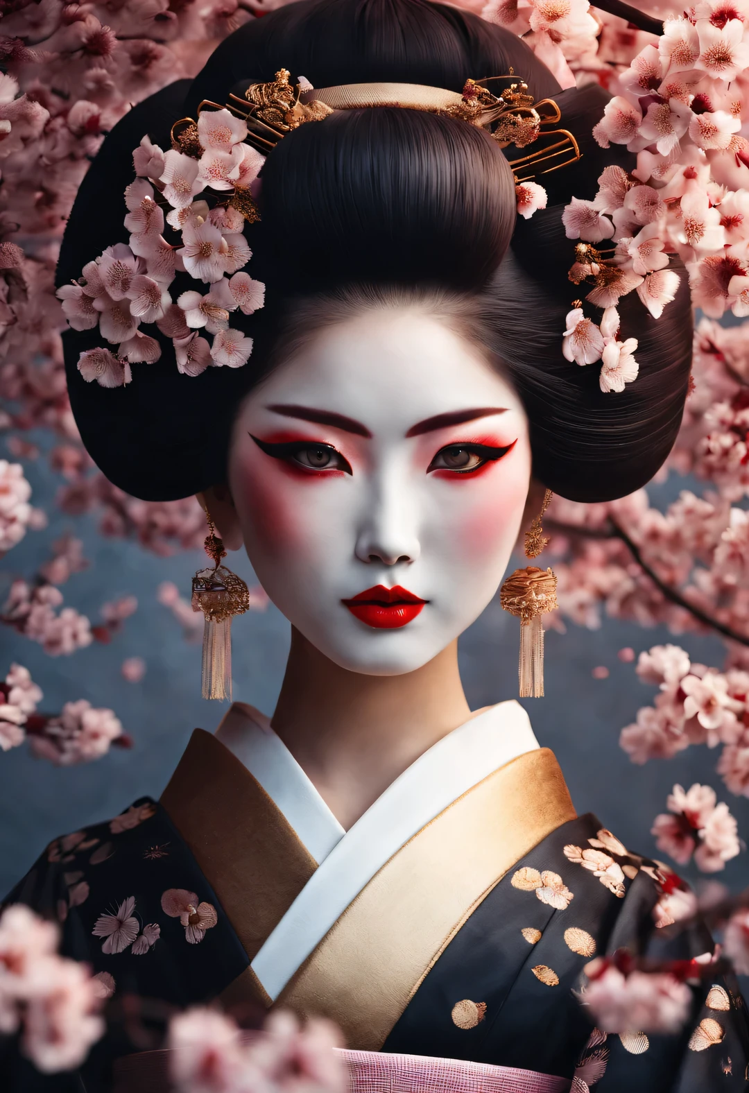 A geisha stands gracefully under the cherry blossoms, There are a lot more, Many red cherry blossom petals fall one after another,
White base makeup on girl's face without any highlight or shadow decoration. All-white makeup covering face and neck. Red lip makeup is a small mouth that is smaller than the normal lip area. Thick eyeliner can emphasize the eye contour, Strengthen eyes, Pupils appear dark and deep. One-line eyebrows are eye-catching without being harsh, And the whole face is clean. Typical Japanese Geisha makeup,
Wearing a gorgeous kimono embroidered with black and gold cherry blossoms, This is a long-sleeved kimono, Wearing Japanese clogs,
background: under the sunset, Many red cherry blossom petals fall one after another, deep pink and blue,
Surrealism, Realistic depiction of light and shadow, Real and exaggerated photos, super high quality, Super detailed details, movie shot, shallow view deep,