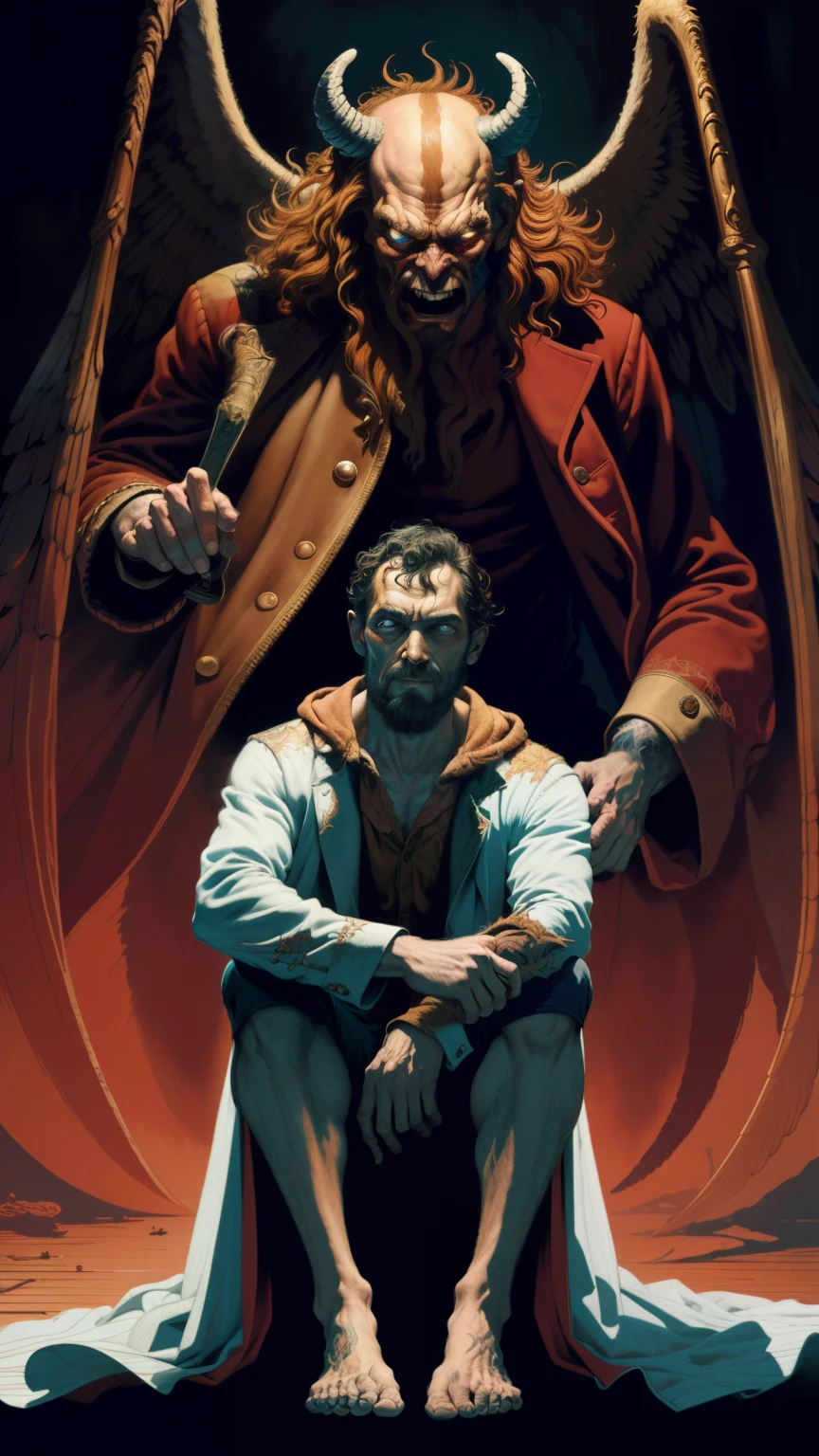 a close up of a person sitting on a floor with a demon behind them, in the style dan mumford artwork, el bosco and dan mumford, dan mumford tom bagshaw, anton fadeev and dan mumford, good and evil, in the art style of dan mumford, devil versus angel, dan mumford and alex grey style