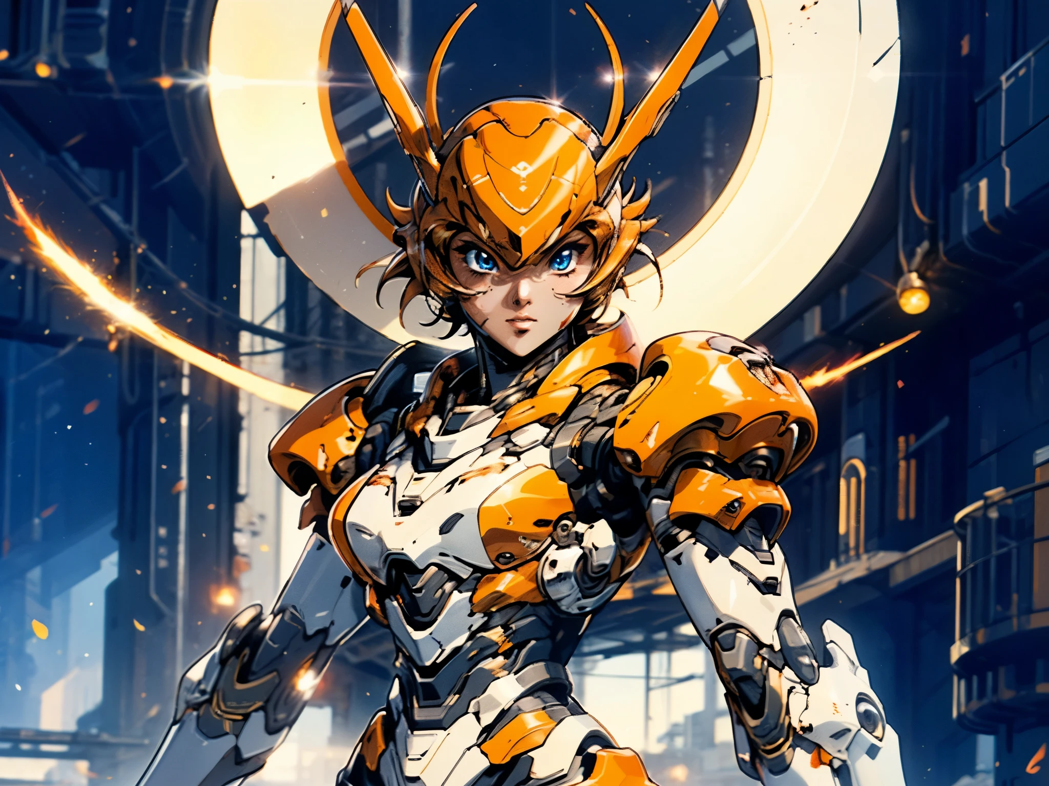 A woman adorned in fantasy-style full-body armor, a crown-concept fully enclosed helmet that unveils only her eyes, a composite layered chest plate, fully encompassing shoulder and hand guards, a lightweight waist armor, form-fitting shin guards, the overall design is heavy-duty yet flexible, ((the armor gleams with a golden glow, complemented by red and blue accents)), exhibiting a noble aura, she floats above a fantasy-surreal high-tech city, this character embodies a finely crafted fantasy-surreal style armored hero in anime style, exquisite and mature manga art style, (Queen bee mixed with Spider concept Armor, plasma, blood), ((Element, energy, elegant, goddess, femminine:1.5)), metallic, high definition, best quality, highres, ultra-detailed, ultra-fine painting, extremely delicate, professional, anatomically correct, symmetrical face, extremely detailed eyes and face, high quality eyes, creativity, RAW photo, UHD, 32k, Natural light, cinematic lighting, masterpiece-anatomy-perfect, masterpiece:1.5