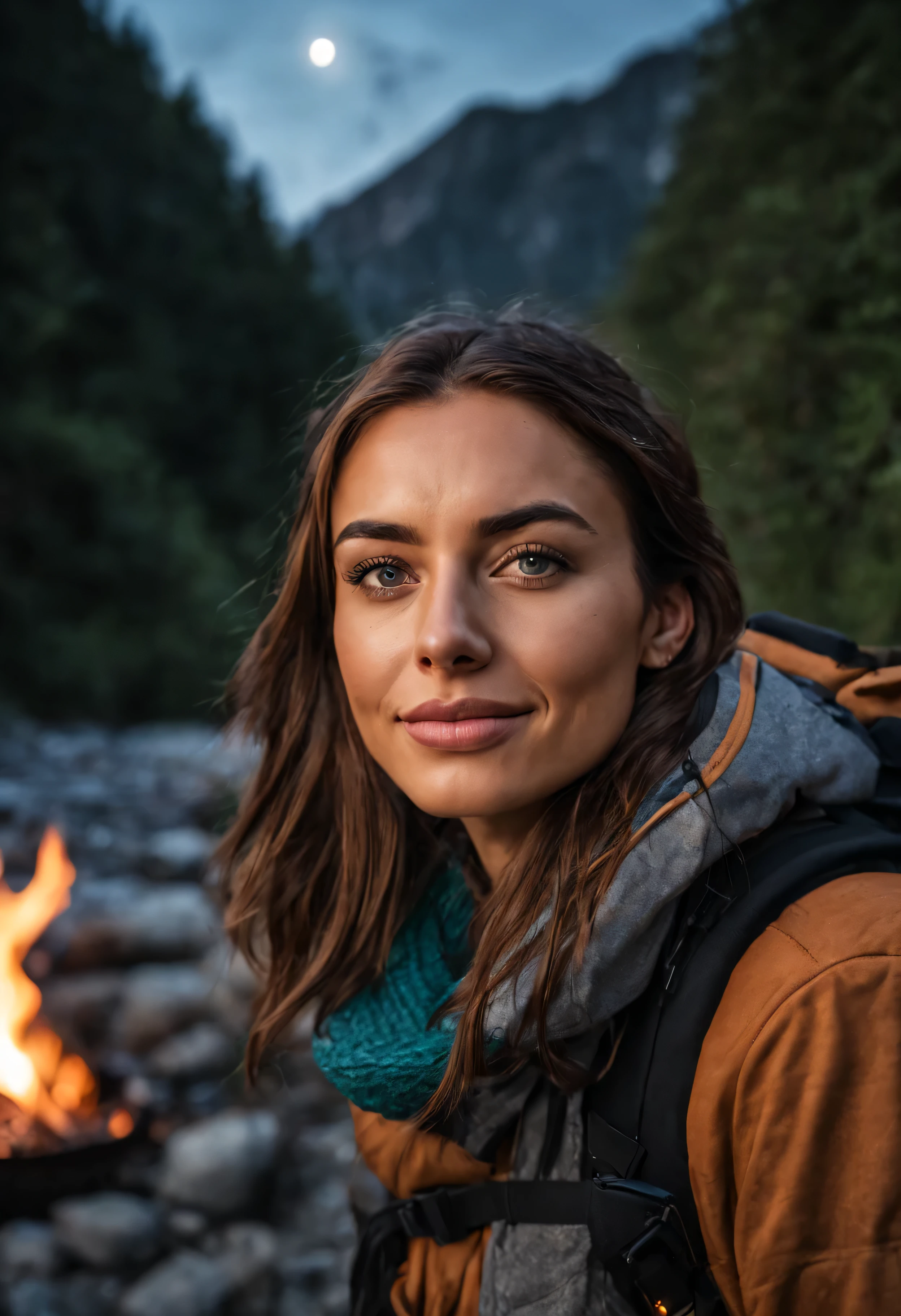 Young beautiful athletic brunette, 25 years, cheerful, happy, full length. One, on open air, (Evening), Mountains, bonfire, Nature, (stars, moon), backpack, sleeping bag, portable electric stove, water bottle, mountain boots, gloves, sweater, It has, flashlight, the forest, rocks, River, Wood, shadows, contrast, clear sky. She It has brown hair, lush lips, Expressive eyes, and thin, natural makeup. looking straight into the camera, Standing right in the middle. A high resolution, Masterpiece, Best quality, Intricate high detail, very detailed, sharp focus, Ultra textured leather, detailed eyes, professional, 4k, Charming smile, shot on Canon, 85 mm, shallow depth of field, Kodak Vision, perfectly toned body , extremely detailed. Maximum detail, rude, real life, ultra realistic, ultra realistic, photorealism, Photo, 8K, Photo.