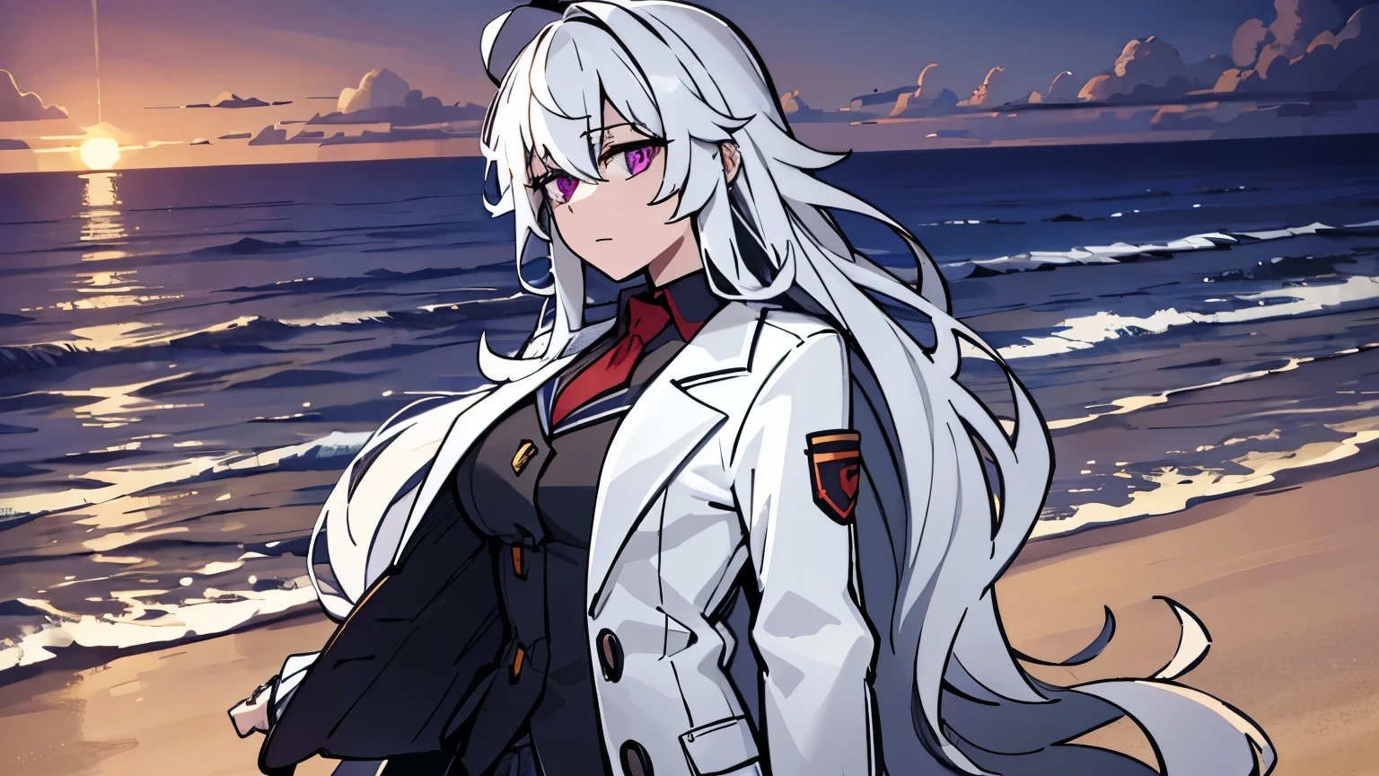 beach,seaside,Sunset,8k resolution,long white hair,purple eyes,white coat,black pleated skirt,proud expression