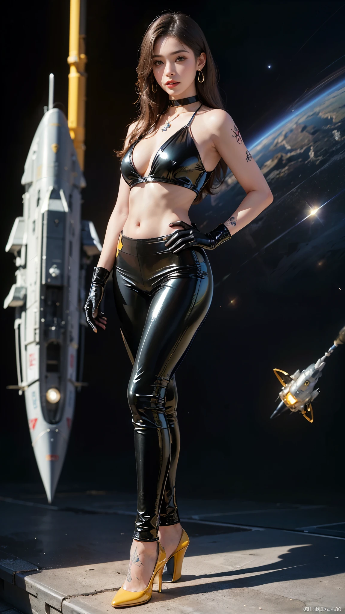 ((masterpiece:1.4)、(highest quality:1.4)、(realistic:1.7))、master piece:1.4、(Finest rendering:1.4)、(Kaoru, the beautiful navigator of Space Battleship Fuji:1.4)、Super beautiful航海士Kaoru、(Written by Luis Royo:1.4)、(Uniforms that highlight your beautiful style:1.2)、(Futuristic sci-fi battle fashion:1.2)、(street style wear)、(tight fit pants)、(Luxurious shiny latex:1.4)、(luxury yellow latex:1.4)、19 years old、(cute tattoo:1.4)、(wearing yellow gloves)、cute girl、Super beautiful、(seductive pose)、sharp focus、portrait photography:1.4、8k、realistic photo images:1.4、(perfect female body:1.4)、perfect proportions、(standing:1.4)、(full body photography:1.4)、beautiful face、fearless look、beautiful eyes、(A girl with a beautiful body that emphasizes her slender abdominal muscles)、narrow waist、(9 life size beautiful style girl)、(Beautiful girl with long legs and good style:1.4)、beautiful feet、(long hair:1.2)、dark makeup、eye shadow、Glow eye、glow lip、beautiful breasts、big breasts:1.2、sexy butt、(standing facing forward:1.4)、Raw photo、red lips、Yellow high heels:1.4、choker:1.4、necklace:1.4、earrings:1.4、1 screen display、Space battleship Fuji bridge:1.2