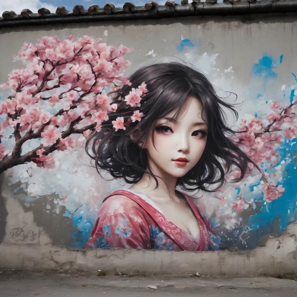 (masterpiece, best quality), Graffiti of a magical sakura maiden, on a street wall, signed by the word "TUPU".