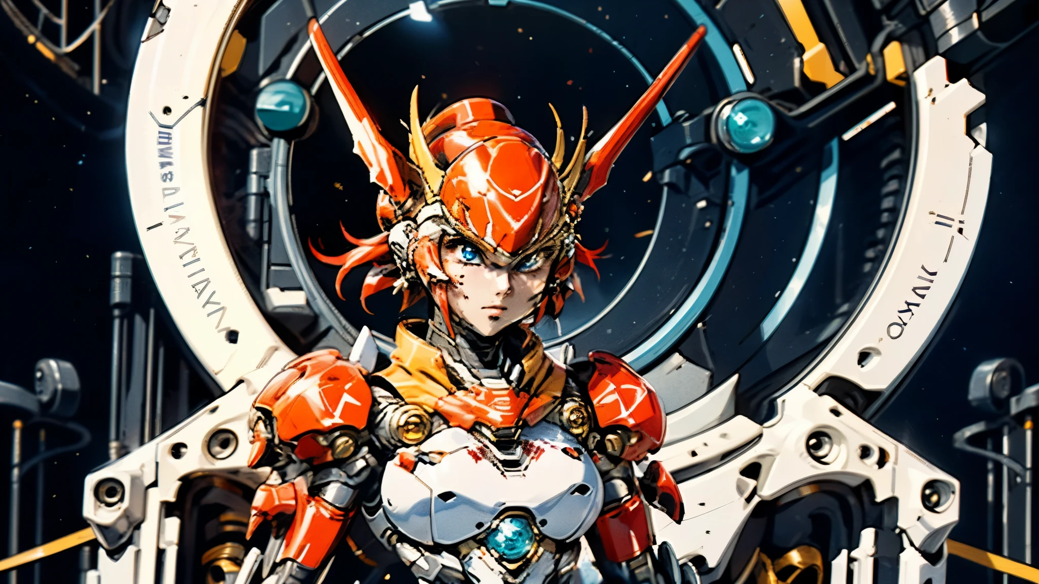 A woman adorned in fantasy-style full-body armor, a crown-concept fully enclosed helmet that unveils only her eyes, a composite layered chest plate, fully encompassing shoulder and hand guards, a lightweight waist armor, form-fitting shin guards, the overall design is heavy-duty yet flexible, ((the armor gleams with a golden glow, complemented by red and blue accents)), exhibiting a noble aura, she floats above a fantasy-surreal high-tech city, this character embodies a finely crafted fantasy-surreal style armored hero in anime style, exquisite and mature manga art style, (Queen bee mixed with Spider concept Armor, plasma, blood), ((Element, energy, elegant, goddess, femminine:1.5)), metallic, high definition, best quality, highres, ultra-detailed, ultra-fine painting, extremely delicate, professional, anatomically correct, symmetrical face, extremely detailed eyes and face, high quality eyes, creativity, RAW photo, UHD, 32k, Natural light, cinematic lighting, masterpiece-anatomy-perfect, masterpiece:1.5