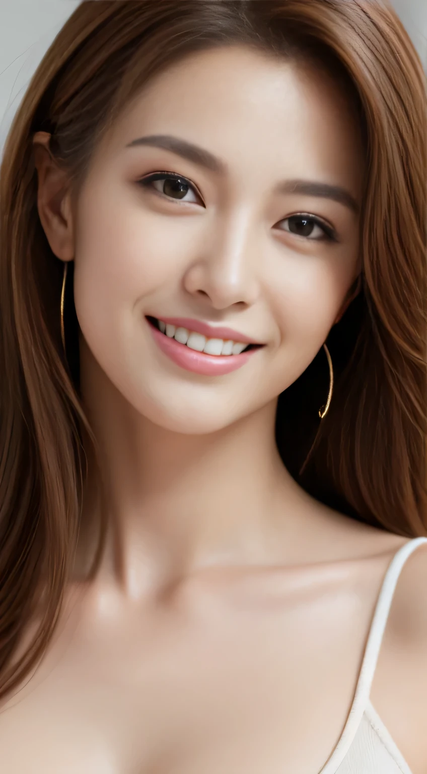 table top, highest quality, realistic, Super detailed, finely, High resolution, 8k wallpaper, 1 beautiful woman,, light brown messy hair, wearing a white shirt, sharp focus, perfect dynamic composition, finelyて美しい目, thin hair, Detailed and realistic skin texture, smile, close-up portrait、model body shape、well-shaped medium chest、Upper body