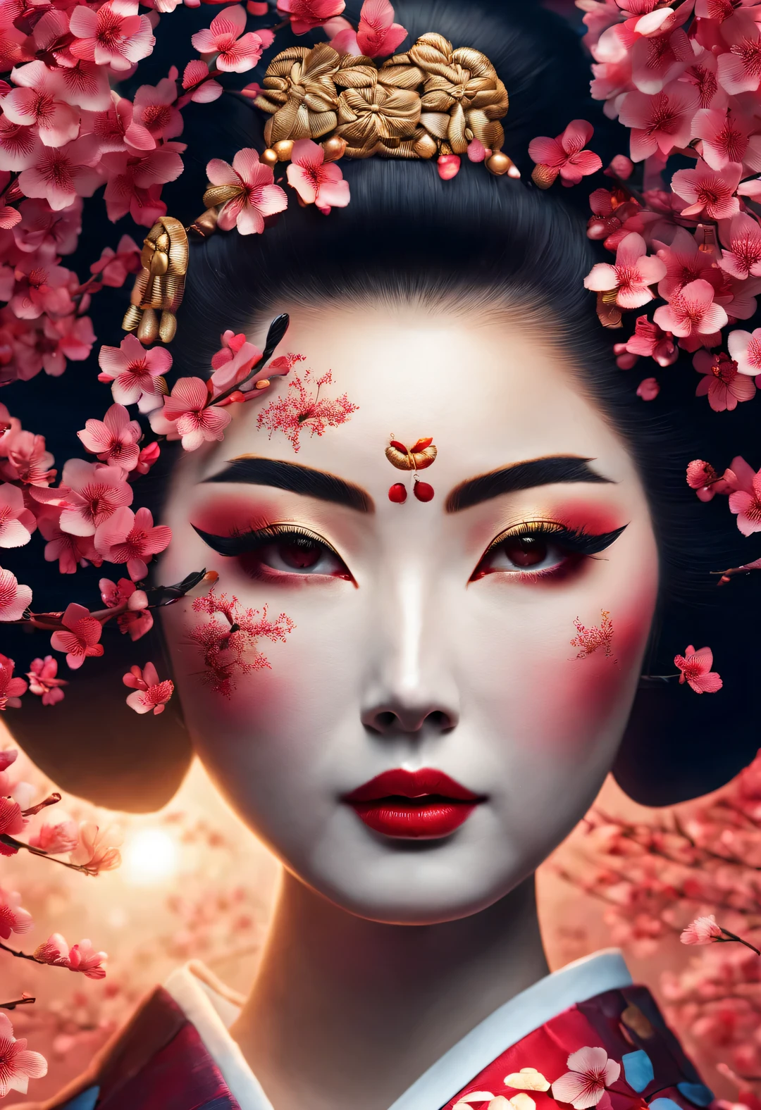 A geisha stands gracefully under the cherry blossoms, There are a lot more, Many red cherry blossom petals fall one after another,
White base makeup on girl&#39;s face without any highlight or shadow decoration. All-white makeup covering face and neck. Red lip makeup is a small mouth that is smaller than the normal lip area. Thick eyeliner can emphasize the eye contour, Strengthen eyes, Pupils appear dark and deep. One-line eyebrows are eye-catching without being harsh, And the whole face is clean. Typical Japanese Geisha makeup,
Wearing a gorgeous kimono embroidered with black and gold cherry blossoms, This is a long-sleeved kimono, Wearing Japanese clogs,
background: under the sunset, Many red cherry blossom petals fall one after another, deep pink and blue,
Surrealism, Realistic depiction of light and shadow, Real and exaggerated photos, super high quality, Super detailed details, movie shot, shallow view deep,