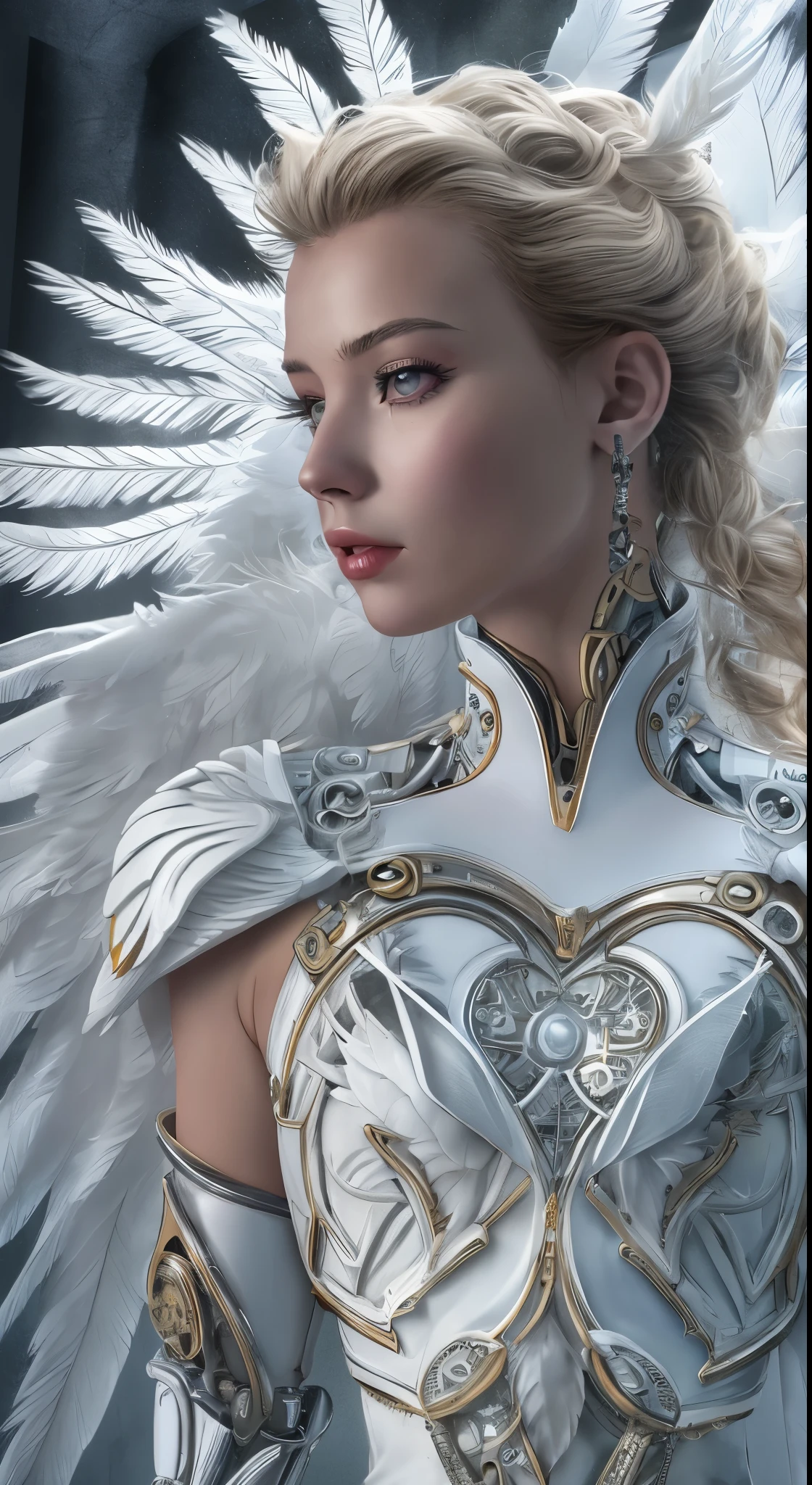 Close-up of a woman in a white dress with wings, full body angel, futuristic robot angel, amazing angel wings, angel knight gothic girl, angel in plastic armor, intricate costume designs, As a mysterious Valkyrie, The whole body is made of white feathers,, futuristic and fantastic, white wings, beautiful angel wings, steampunk angel, beautiful cyborg angel girl, graceful wings,dynamic angle, wide shot
