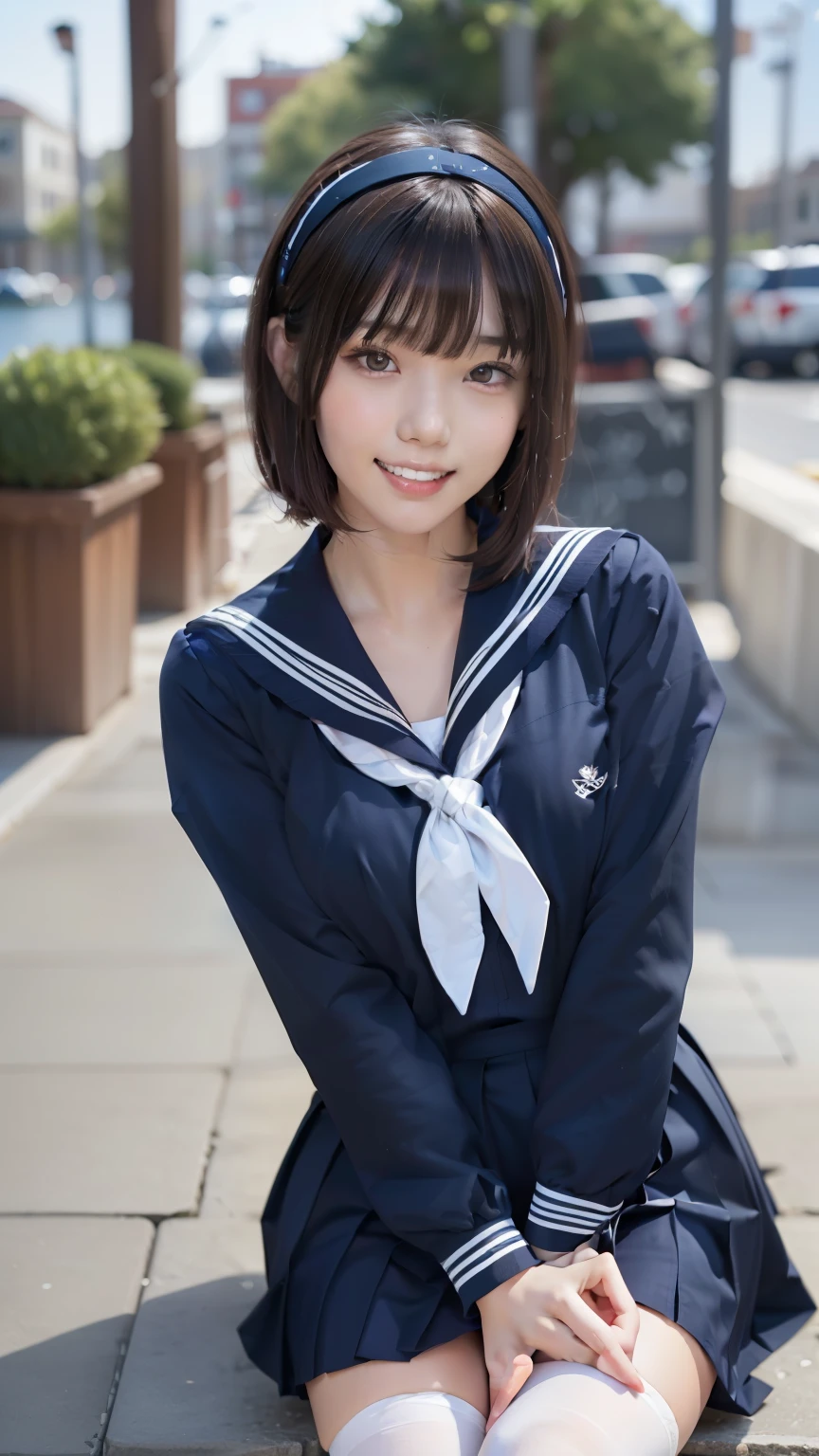 looking at viewer, sailor suit, one woman, (Beautiful woman, delicate :1.3), ((black hair)), bob cut, Bangs Patsun, (8k), (highest quality: 1.2), (realistic), (realistic: 1.37), (masterpiece), (ultra high resolution), (RAW photo), (absolute resolution), (((face small compared to body: 1.4))), (((small face:１.4))), balanced face, (small mouth: 1.4), ((slender female body: 1.4)), long neck, black hair, (((navy blueセーラー服))), (((long sleeve セーラー服))), (((navy blue skirt))), ((3-line sailor suit,)) realistic女子高生, (((white headband))), (((small breasts))), light blue eyes, (Cafe on the open terrace), blurry, full body, standing, (((black stockings))), (black garter belt), black loafers, Girl Pose, sailor uniform white tie, toothy grin, 