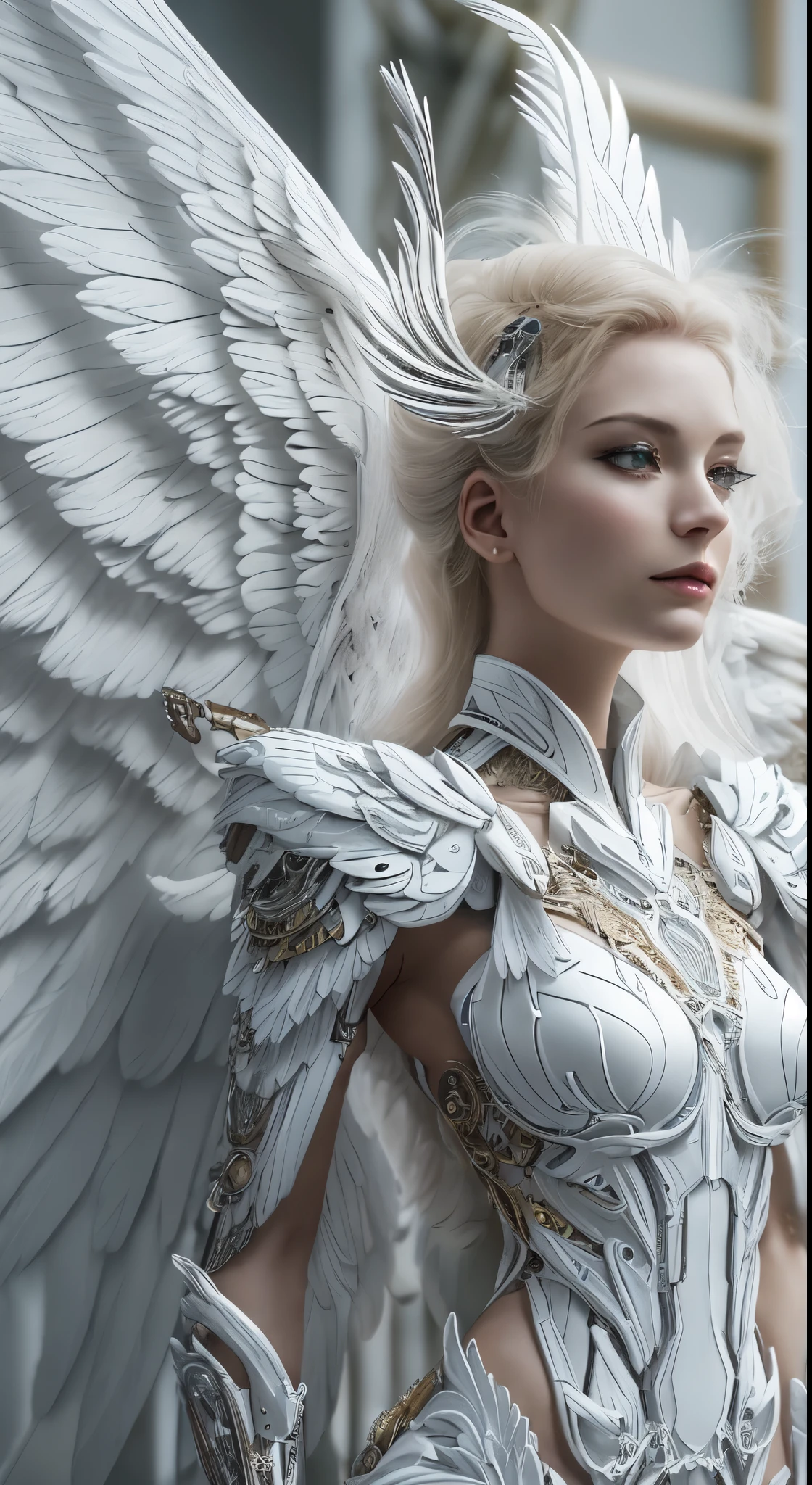 Close-up of a woman in a white dress with wings, full body angel, futuristic robot angel, amazing angel wings, angel knight gothic girl, angel in plastic armor, intricate costume designs, As a mysterious Valkyrie, The whole body is made of white feathers,, futuristic and fantastic, white wings, beautiful angel wings, steampunk angel, beautiful cyborg angel girl, graceful wings,dynamic angle, full body and dynamic pose, standing