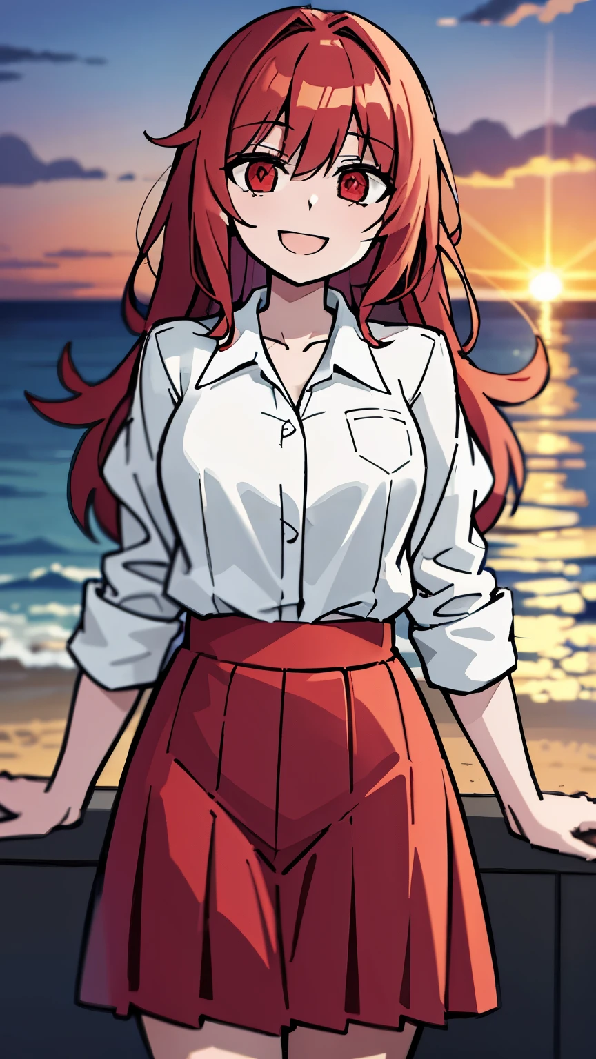 beach,seaside,Sunset,8k resolution,long red hair,red eyes,white shirt,black pleated skirt,happy expression