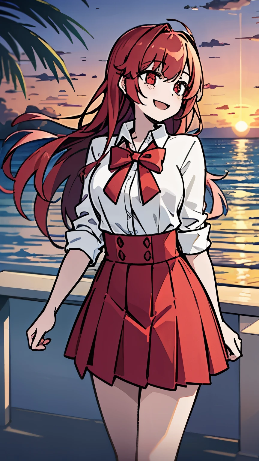 beach,seaside,Sunset,8k resolution,long red hair,red eyes,white shirt,black pleated skirt,happy expression