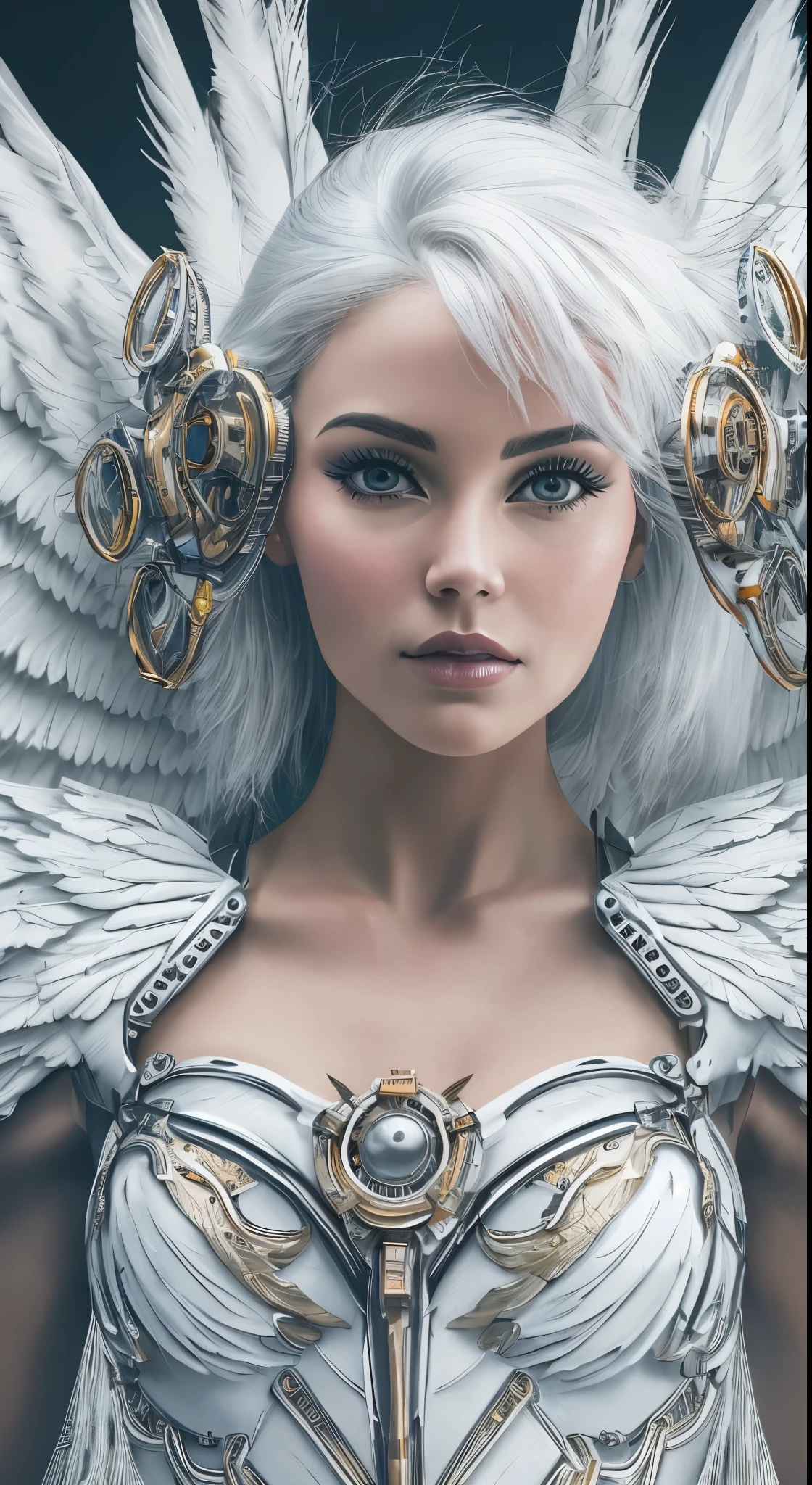 Close-up of a woman in a white dress with wings, full body angel, futuristic robot angel, amazing angel wings, angel knight gothic girl, angel in plastic armor, intricate costume designs, As a mysterious Valkyrie, The whole body is made of white feathers,, futuristic and fantastic, white wings, beautiful angel wings, steampunk angel, beautiful cyborg angel girl, graceful wings,dynamic angle, wide shot