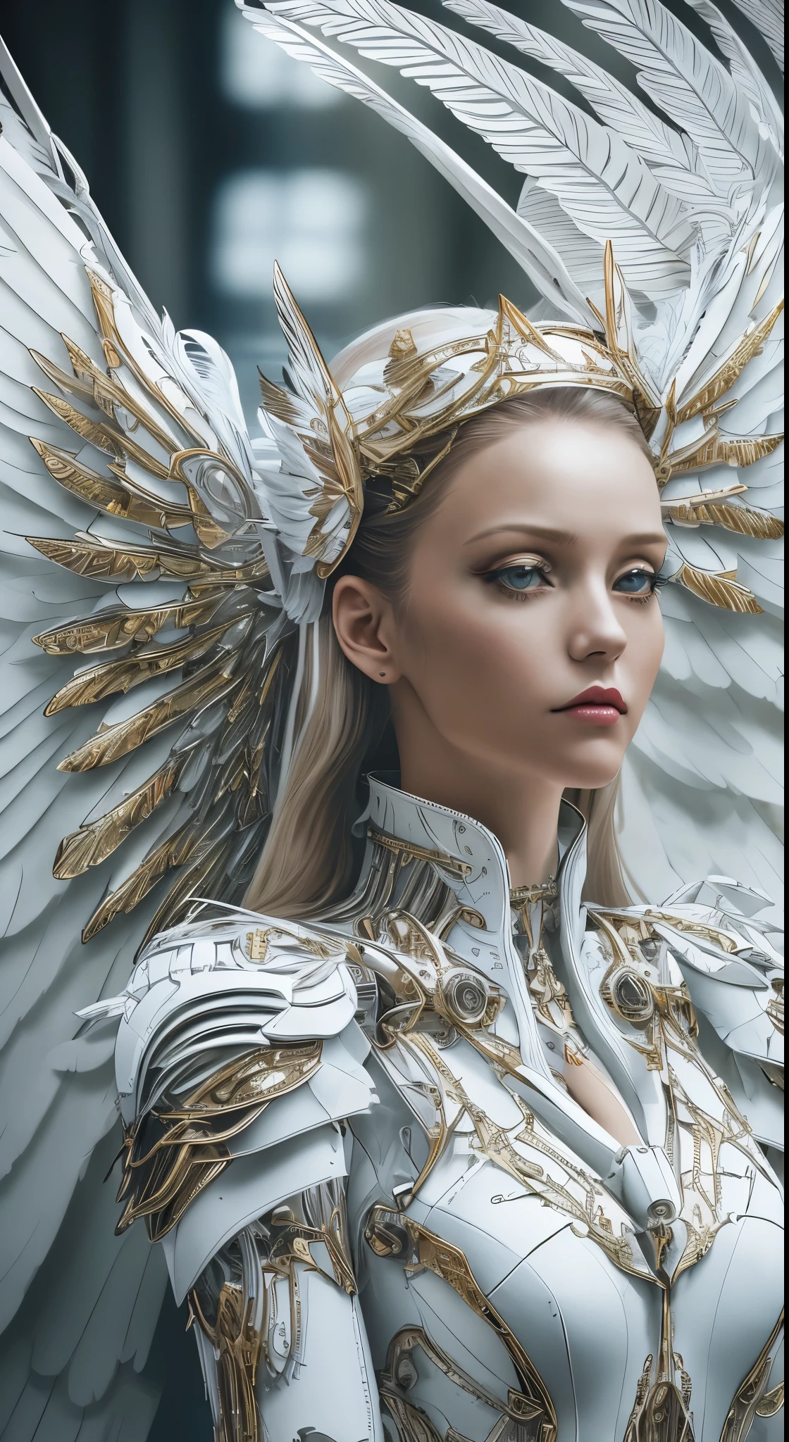 Close-up of a woman in a white dress with wings, full body angel, futuristic robot angel, amazing angel wings, angel knight gothic girl, angel in plastic armor, intricate costume designs, As a mysterious Valkyrie, The whole body is made of white feathers,, futuristic and fantastic, white wings, beautiful angel wings, steampunk angel, beautiful cyborg angel girl, graceful wings,dynamic angle, wide shot
