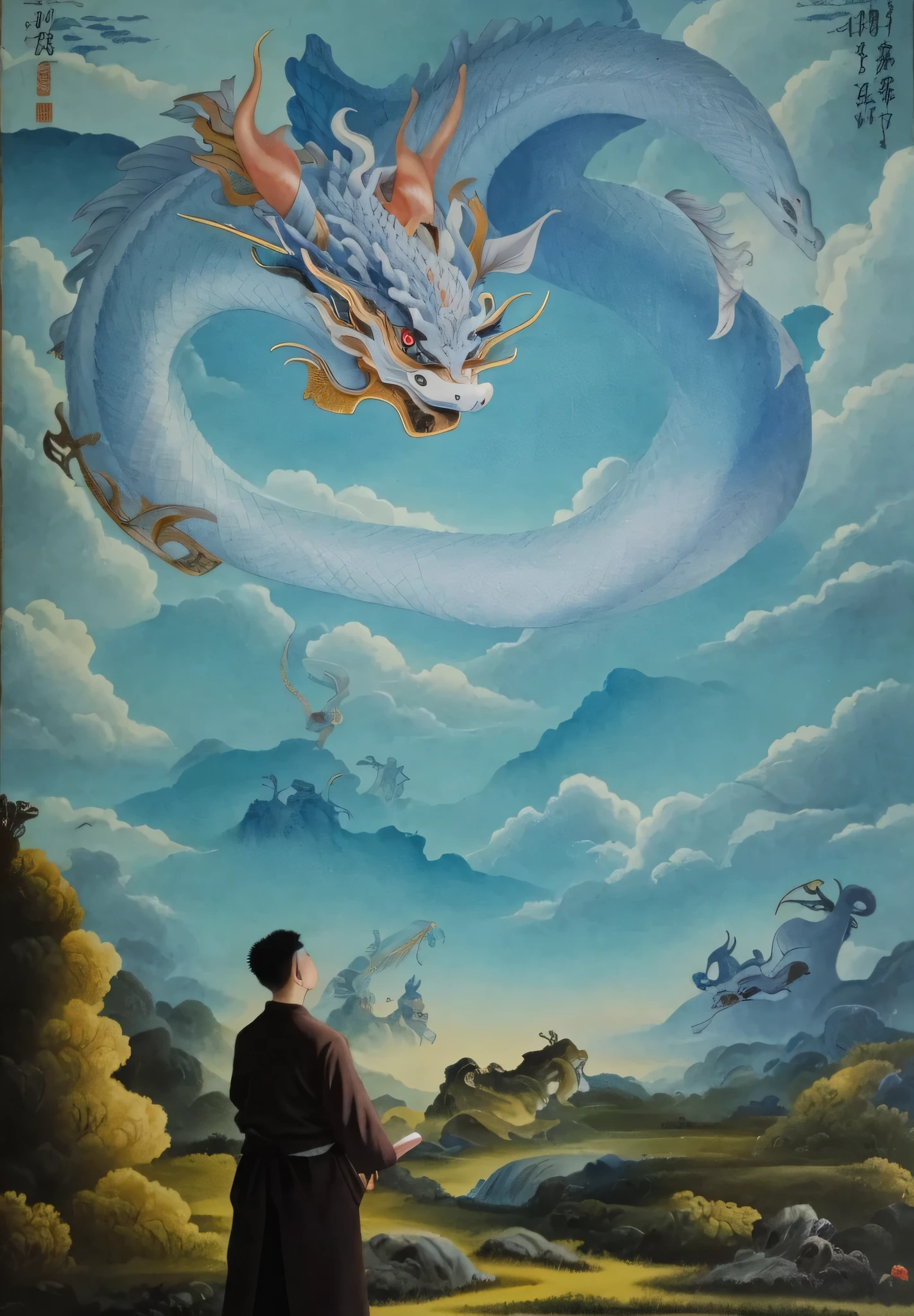 painting of a man standing in front of a painting of a dragon, chinese surrealism, dragon in the sky, inspired by Tosa Mitsuoki, inspired by Ren Xun, by Ju Lian, by Wen Boren, inspired by Yang Buzhi, chinese fantasy, inspired by Li Rongjin, by Ren Renfa, by Li Zai, only one dragon