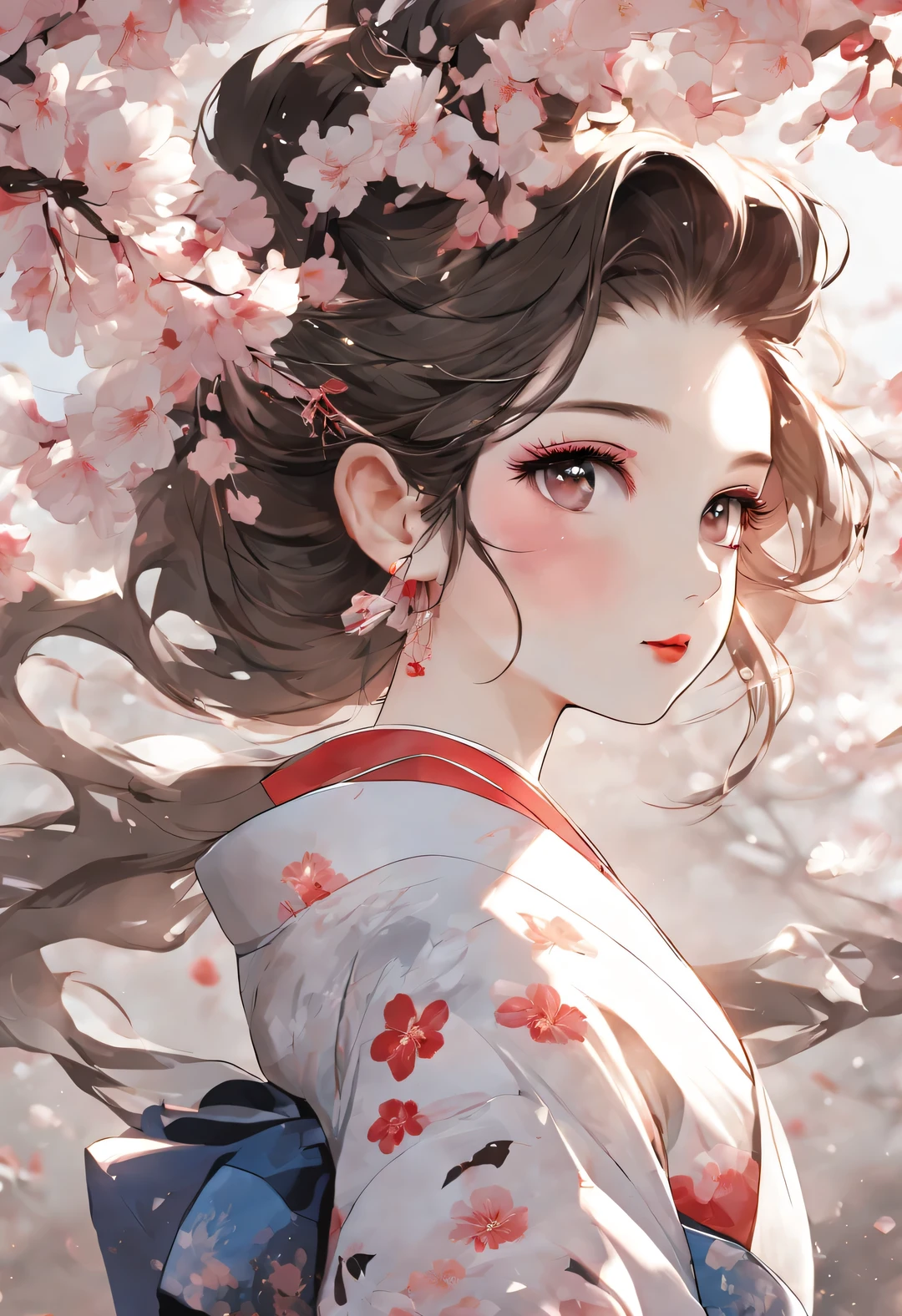 (Under white cherry blossoms，Geisha stands gracefully, Look back and smile: 0.85), (many, many white cherry blossom petals are falling one after another),
White base makeup on girl&#39;s face without any highlight or shadow decoration. All-white makeup covering face and neck. Red lip makeup is a small mouth that is smaller than the normal lip area. Thick eyeliner can emphasize the eye contour, Strengthen eyes, Pupils appear dark and deep. One-line eyebrows are eye-catching without being harsh, And the whole face is clean. Typical Japanese Geisha makeup,
(Wearing a gorgeous kimono embroidered with black and gold cherry blossoms: 0.8), Long-sleeved kimono, Wearing Japanese getas,
background: under the sunset, many red cherry blossom petals fall one after another, deep pink and blue,
Surrealism, Realistic depiction of light and shadow, Real and exaggerated photos, super high quality, Super detailed details, movie shot, shallow view deep,