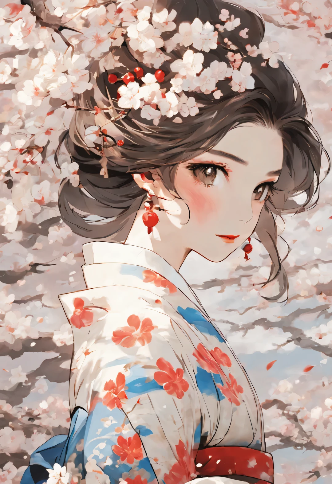 (Under white cherry blossoms,Geisha stands gracefully, Look back and smile: 0.85), (many, many white cherry blossom petals are falling one after another),
White base makeup on girl's face without any highlight or shadow decoration. All-white makeup covering face and neck. Red lip makeup is a small mouth that is smaller than the normal lip area. Thick eyeliner can emphasize the eye contour, Strengthen eyes, Pupils appear dark and deep. One-line eyebrows are eye-catching without being harsh, And the whole face is clean. Typical Japanese Geisha makeup,
(Wearing a gorgeous kimono embroidered with black and gold cherry blossoms: 0.8), Long-sleeved kimono, Wearing Japanese getas,
background: under the sunset, many red cherry blossom petals fall one after another, deep pink and blue,
Surrealism, Realistic depiction of light and shadow, Real and exaggerated photos, super high quality, Super detailed details, movie shot, shallow view deep,