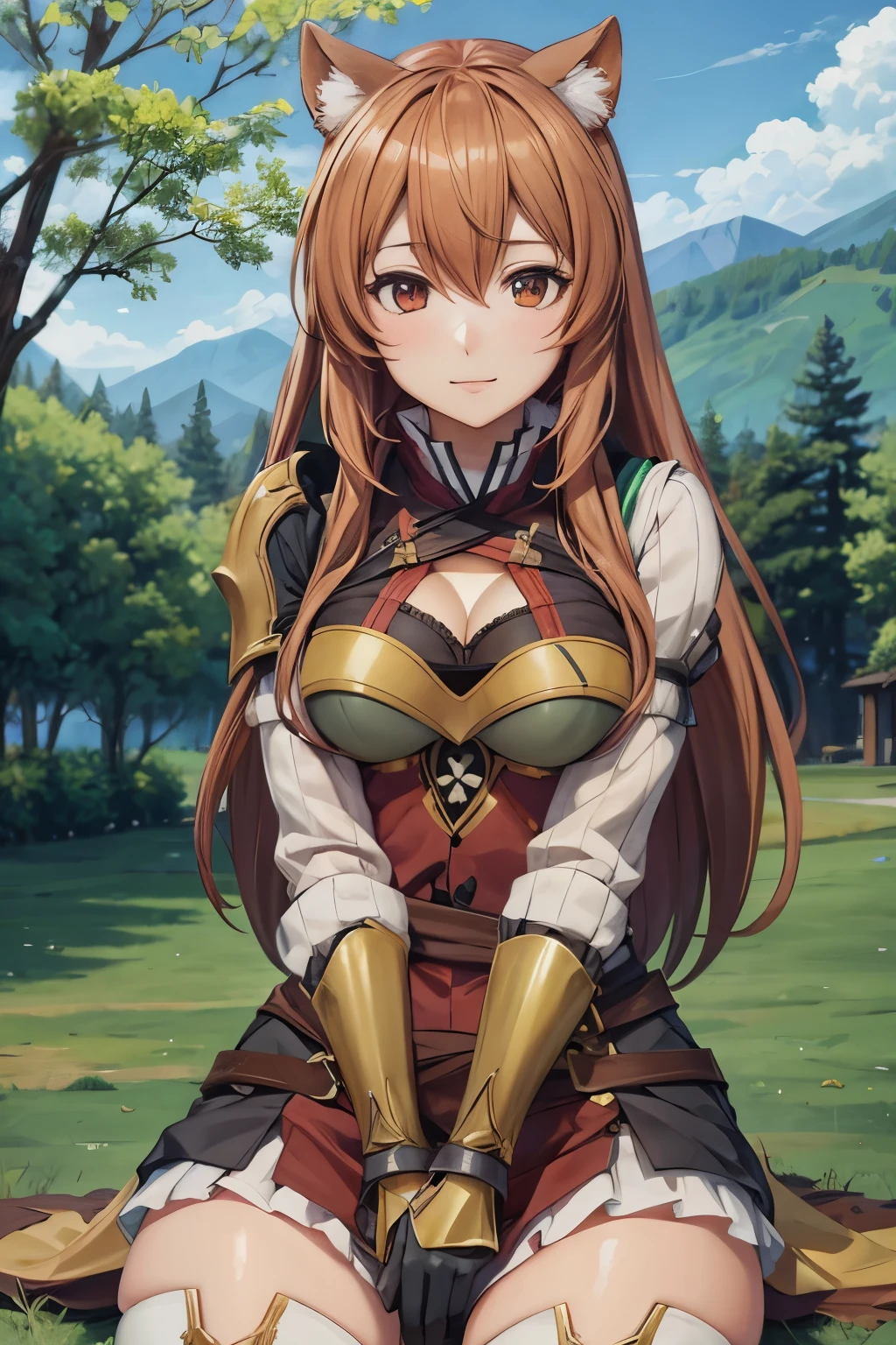 1girl, solo, long hair, lush hair, breasts, gloves, green dress, cleavage, large breasts, green eyes, weapon, braid, outdoors, choker, leather belt, sword, fingerless gloves, necklace, orange hair, trees, cape let, sheath, nature, brown corset, french braid, brown gloves, pendant, forest, pouch, sheathed, mountains, weathered clothes,
