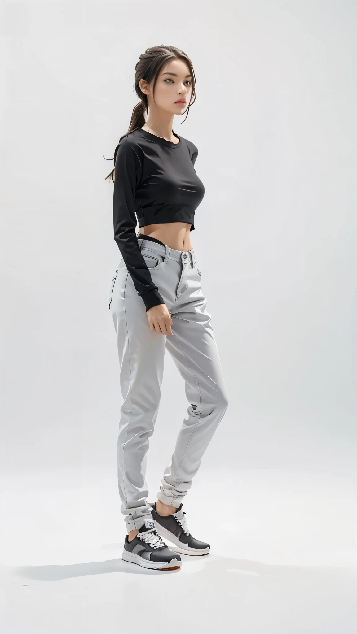 16K, Masterpiece, photorealism, A girl walks to her full height, a girl with dark long hair, a girl dressed in a white top, light jeans, white sneakers, white background,