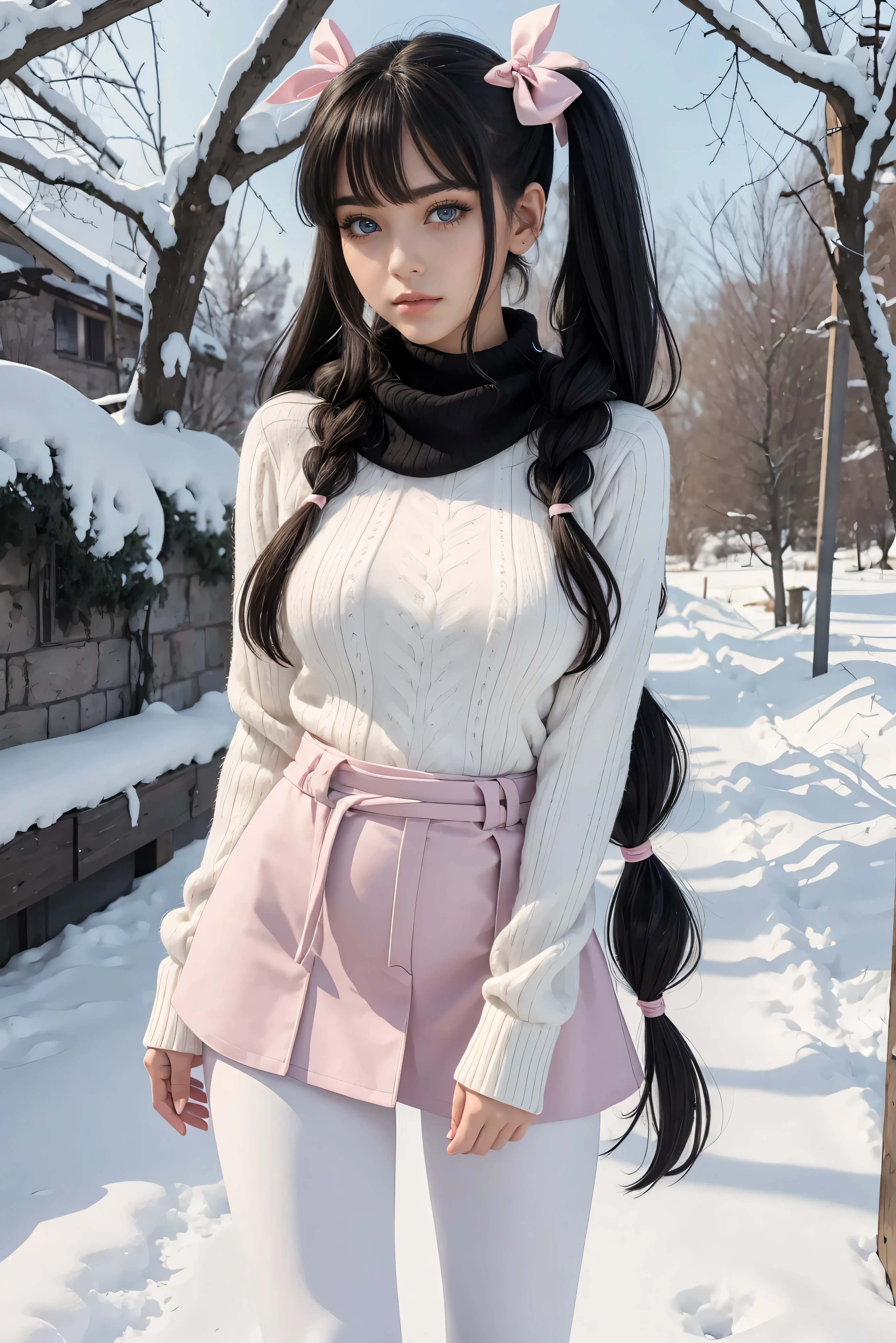 (Best Quality,High resolution:1.2), Ultra-detailed, Realistic portrait, hot Cypriot girl,, pretty face, perfect long legs, full body, tiny waist. large breasts, standing, tight white jumper, black high waist leggings, pink and white snow boots, in the snow, large blue eyes, long black hair tied up with a ribbon, pigtails, tight high waist skirt, woolen socks, hair bangs