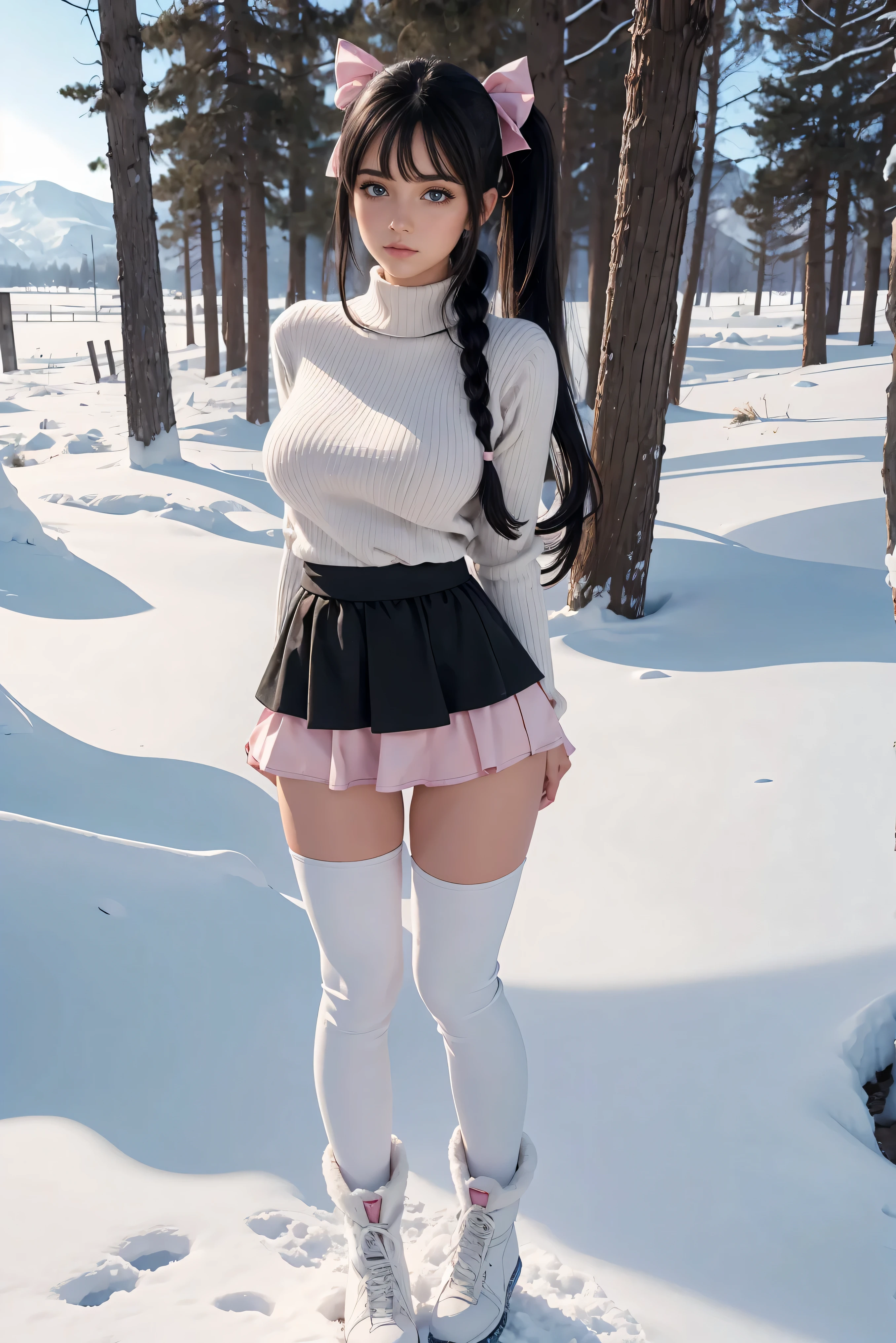 (Best Quality,High resolution:1.2), Ultra-detailed, Realistic portrait, hot Cypriot girl,, pretty face, perfect long legs, full body, tiny waist. large breasts, standing, tight white jumper, black high waist leggings, pink and white snow boots, in the snow, large blue eyes, long black hair tied up with a ribbon, pigtails, tight high waist skirt, woolen socks, hair bangs