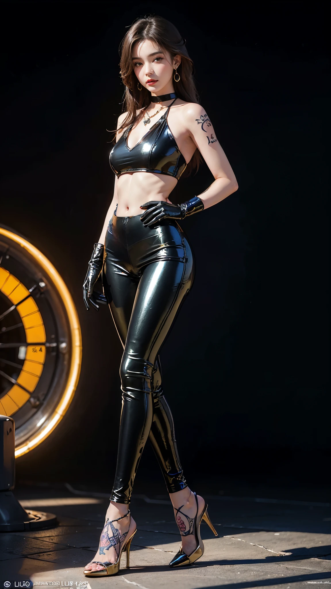 Incredibly detailed cyberpunk robotic chrome tight outfit, highly detailed futuristic with many studded textures, (((snake pattern graphics))), (((close up portrait shot of girl lying down legs bent))), (((photorealistic and perfect butt long perfect legs))), ((translucent jean jacket with prints)), ((chrome VR futuristic sci-fi goggles)), thick gold chain jewellery, boots, ripped net pantyhose, translucency, prismatic, reflective, ((extremely busy New York City streets with cars and people and neon tube lit street signs and vibrant graffiti all over walls)), ((ultra cool short hairstyle)), ((many thick gold chain necklaces)), filled with tattoos all over body, rim lighting, large size natural breasts, entire image is highly intricate and detailed, (()), ((chrome silver and leather skulls)), (((lots of studs on clothes))), ((graffiti)), (((sultry cool facial expression))), ((perfect radiant skin color)), ((super colourful)), (((cinematic day time and natural sunlight))), (((precious colored cut stones))), ((woman’s fashion hand bag))