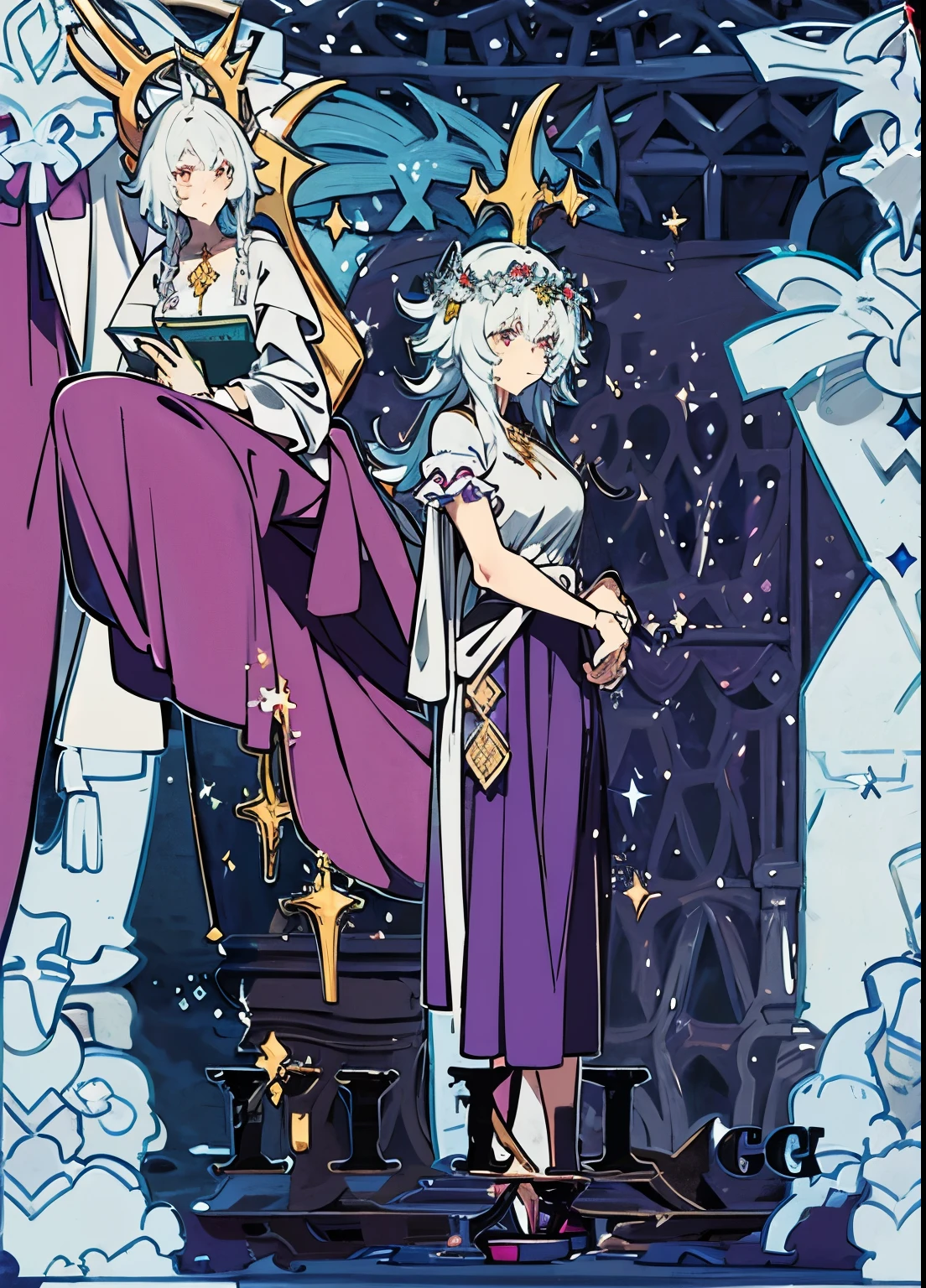 Anime character wearing purple clothes，standing in the rain, Fate-like anime style, A European girl full of wisdom and knowledge，Wearing a laurel wreath，A snow-white princess braided hair hangs naturally behind her back，extends to the waist。Wearing a purple robe that symbolizes nobility and power，Like an ancient Greek philosopher，It&#39;s like a Roman emperor。Girl standing on Roman balcony，Looking into the distance and lost in thought，Right hand on the armrest，The left hand droops naturally。