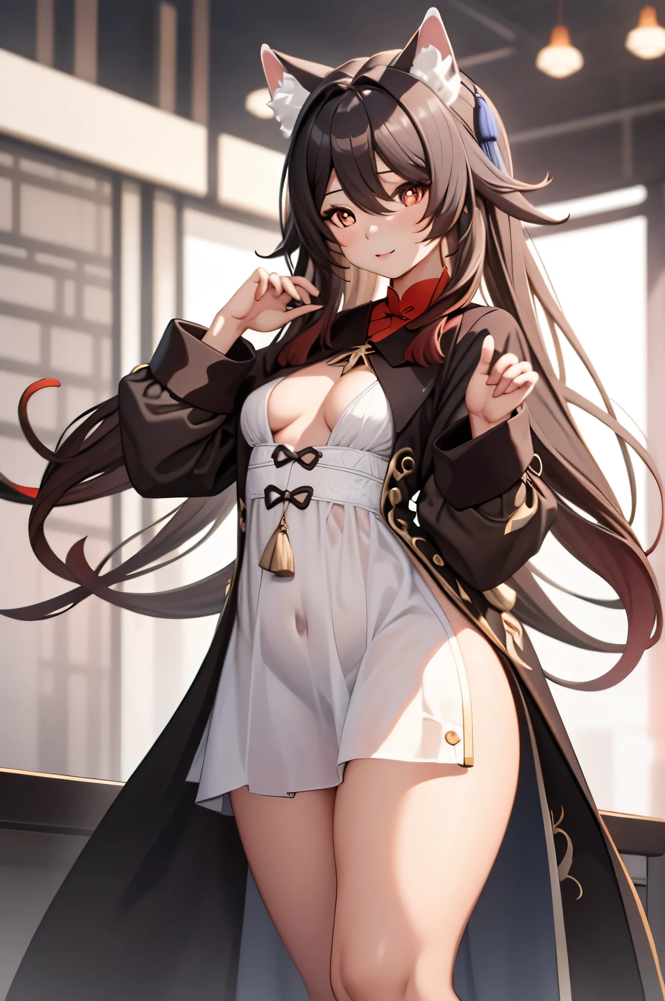 hu tao in a white dress, cat ears, seductive, cute, curvy , revealing clothes, small breasts covered and sfw, sexy, superrealistic, high detailed, perfect human hands, thighs, white background