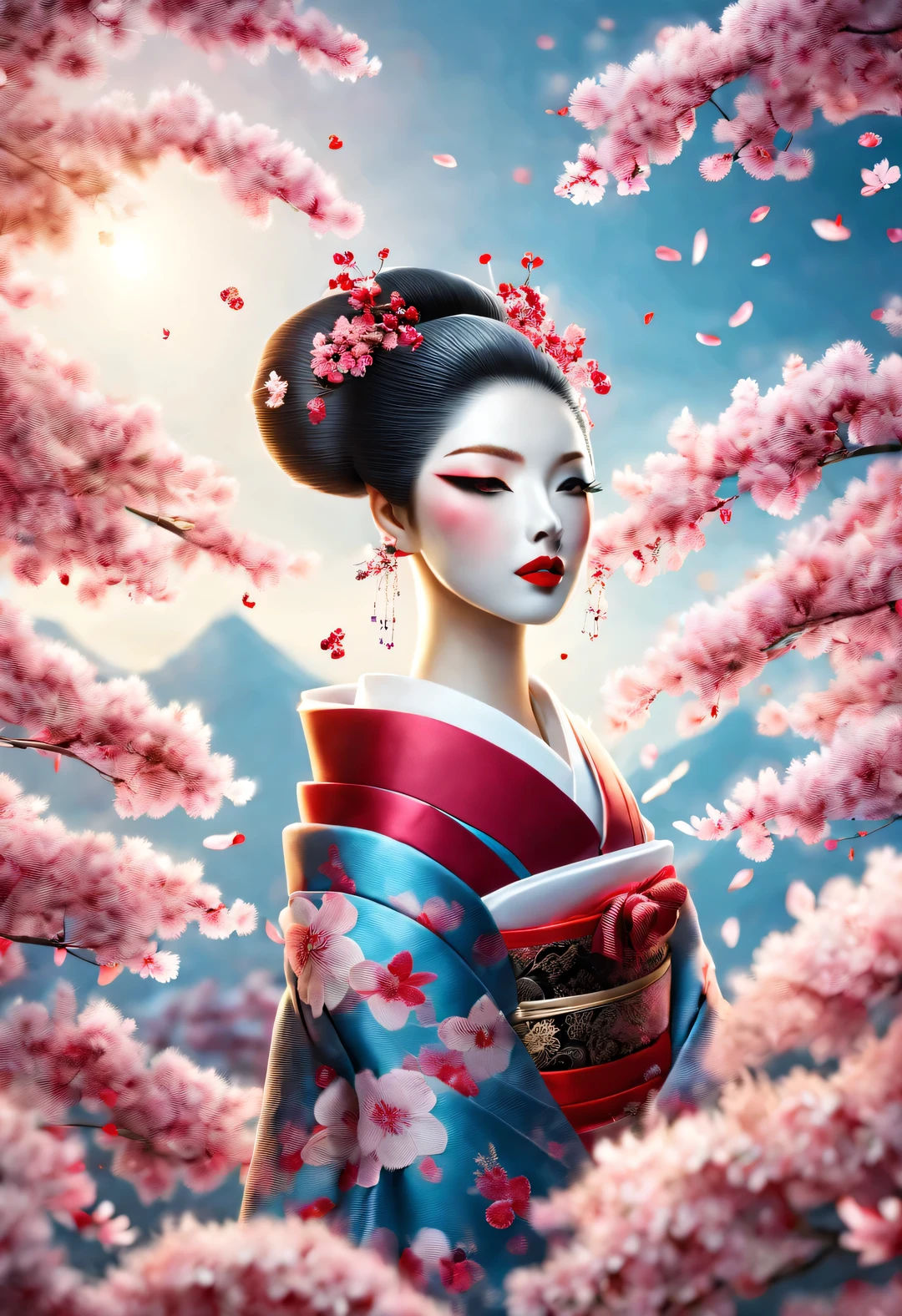 A geisha stands gracefully under the cherry blossoms, There are a lot more, Many red cherry blossom petals fall one after another,
White base makeup on girl&#39;s face without any highlight or shadow decoration. All-white makeup covering face and neck. Red lip makeup is a small mouth that is smaller than the normal lip area. Thick eyeliner can emphasize the eye contour, Strengthen eyes, Pupils appear dark and deep. One-line eyebrows are eye-catching without being harsh, And the whole face is clean. Typical Japanese Geisha makeup,
Wearing a gorgeous kimono embroidered with black and gold cherry blossoms, This is a long-sleeved kimono, Wearing Japanese clogs,
background: under the sunset, Many red cherry blossom petals fall one after another, deep pink and blue,
Surrealism, Realistic depiction of light and shadow, Real and exaggerated photos, super high quality, Super detailed details, movie shot, shallow view deep,
