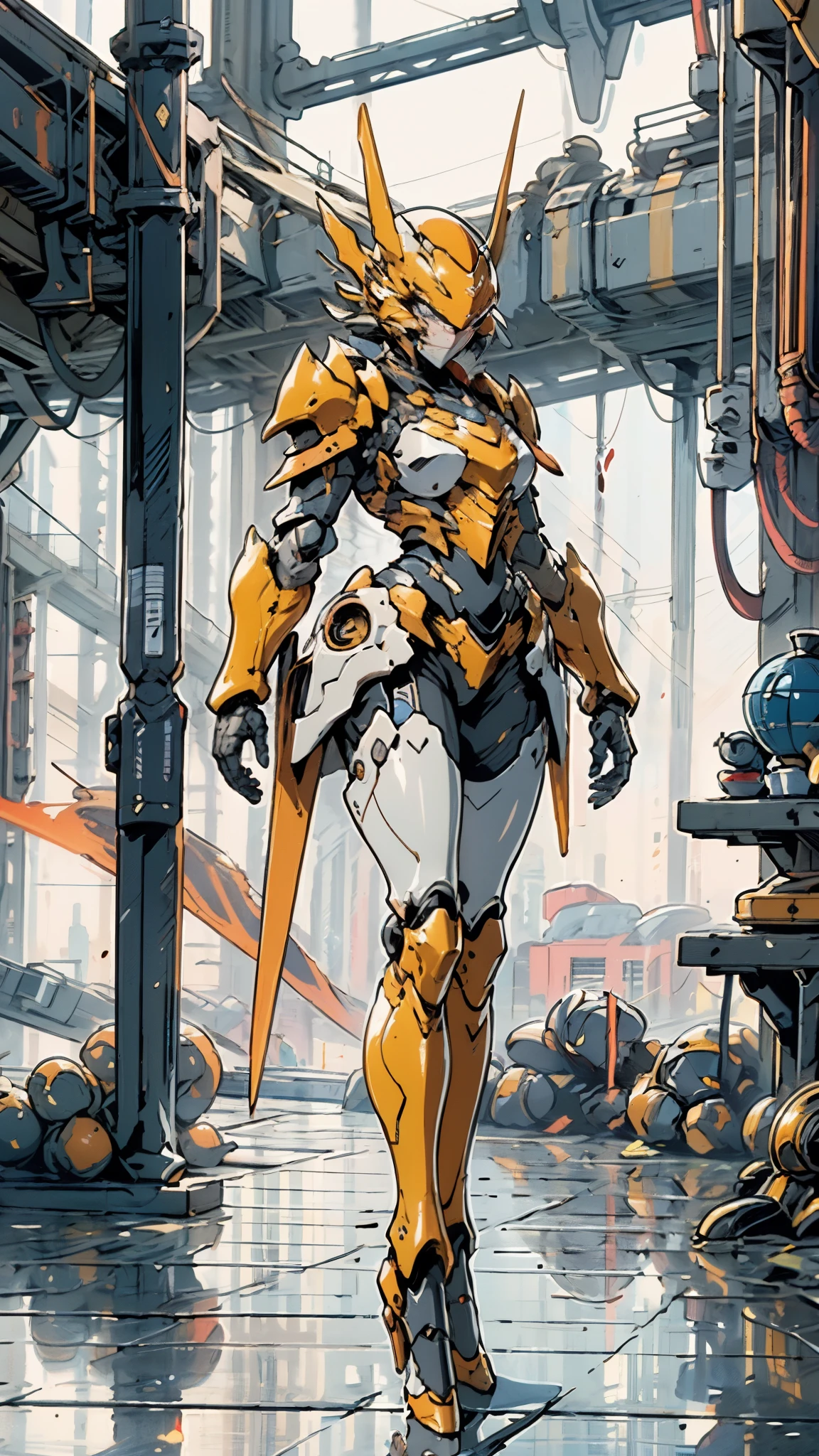 A woman adorned in fantasy-style full-body armor, a crown-concept fully enclosed helmet that unveils only her eyes, a composite layered chest plate, fully encompassing shoulder and hand guards, a lightweight waist armor, form-fitting shin guards, the overall design is heavy-duty yet flexible, ((the armor gleams with a golden glow, complemented by red and blue accents)), exhibiting a noble aura, she floats above a fantasy-surreal high-tech city, this character embodies a finely crafted fantasy-surreal style armored hero in anime style, exquisite and mature manga art style, (Queen bee mixed with Spider concept Armor, plasma, blood), ((Element, energy, elegant, goddess, femminine:1.5)), metallic, high definition, best quality, highres, ultra-detailed, ultra-fine painting, extremely delicate, professional, anatomically correct, symmetrical face, extremely detailed eyes and face, high quality eyes, creativity, RAW photo, UHD, 32k, Natural light, cinematic lighting, masterpiece-anatomy-perfect, masterpiece:1.5