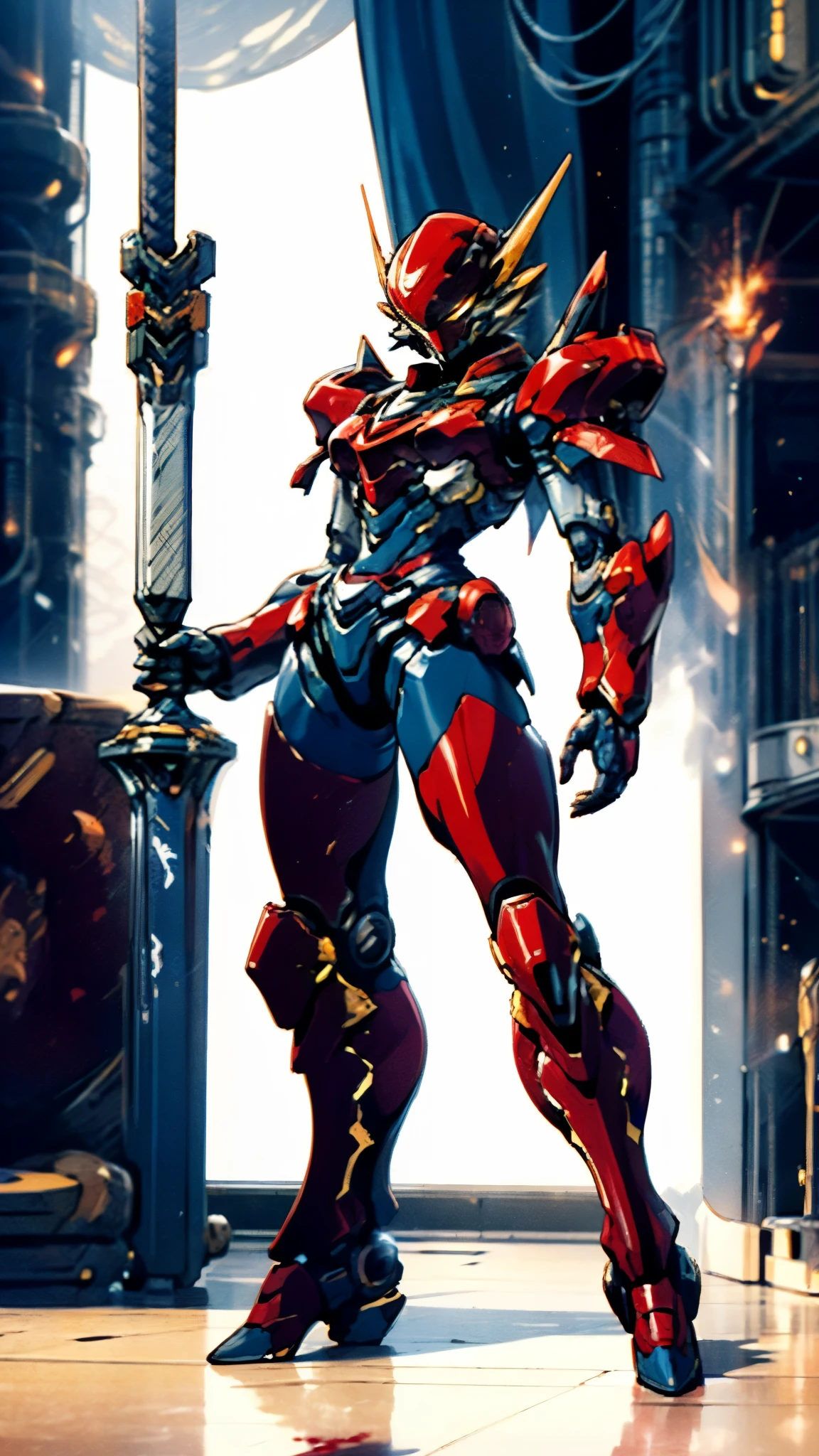 A woman adorned in fantasy-style full-body armor, a crown-concept fully enclosed helmet that unveils only her eyes, a composite layered chest plate, fully encompassing shoulder and hand guards, a lightweight waist armor, form-fitting shin guards, the overall design is heavy-duty yet flexible, ((the armor gleams with a golden glow, complemented by red and blue accents)), exhibiting a noble aura, she floats above a fantasy-surreal high-tech city, this character embodies a finely crafted fantasy-surreal style armored hero in anime style, exquisite and mature manga art style, (Queen bee mixed with Spider concept Armor, plasma, blood), ((Element, energy, elegant, goddess, femminine:1.5)), metallic, high definition, best quality, highres, ultra-detailed, ultra-fine painting, extremely delicate, professional, anatomically correct, symmetrical face, extremely detailed eyes and face, high quality eyes, creativity, RAW photo, UHD, 32k, Natural light, cinematic lighting, masterpiece-anatomy-perfect, masterpiece:1.5
