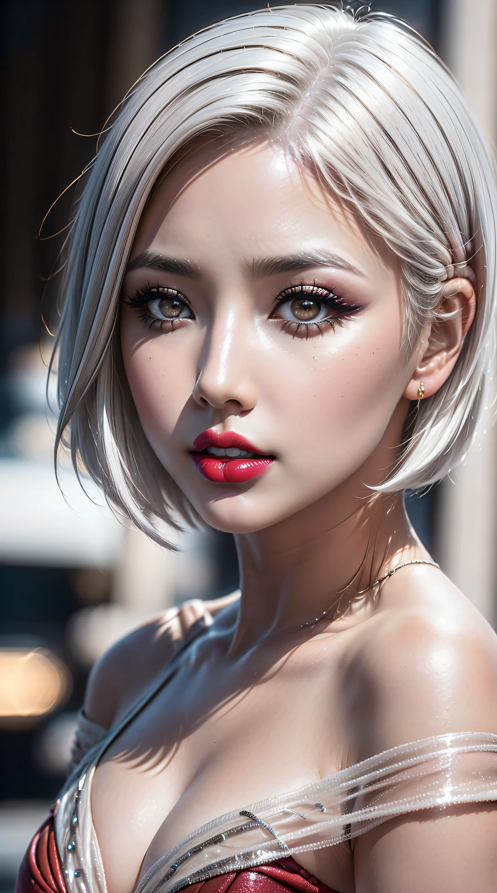 ((perfect round eyes))、dressed, (details of a very beautiful face)(best quality:1.4)16k resolution,(photo realistic:1.65), (realistic:1.65), (smoother lighting:1.05), (increase cinematic lighting quality:0.2), 16k, (1girl:1.4) 21years old、fashion supermodel、realistic lighting, backlighting, light on face, ray trace, (brightening light:1.1), (Increase quality:1.3), (best quality real texture skin:1.2), (ultra detailed eyes), finely detailed face, ((finely quality eyes)), (tired and sleepy and satisfied:0.0), ((face closeup:1.1)), (detailed lips:1.33)、(Detailed nose:1.2)、(Increase body line mood:1.1), (Increase skin texture beauty:1.3), (small head: 1.4)、(slim face), ((anatomically correct)), pink_makeup:1.3, long_blue_eyeliner:1.35, (red_lipstick:1.32), perfect dark_eyeshadows:1.35, there a close up of a woman's, (super detailed makeup on eyes:1.3), iridescent eyes, with professional makeup, vibrant eyes:1.2, ((Glamour, paparazzi taking pictures of her), (very complicated Extravagant street outfit), The attention to detail, Double eyelids, Wear an off-the-shoulder top, full bodyesbian,((White short hair:1.43)), ((brown_eyes:1.44)), contrast、 (dark shot:1.08)、 UHD, Extremely detailed, voluminetric warm lighting,