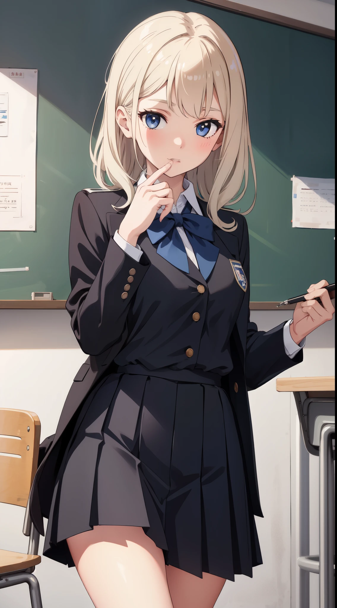 (Official art、Best Quality、Unity 8k Wallpapers、32K、masterpiece、ultra-detailliert、超A high resolution、realisitic、Photorealsitic:1.2)、(Cinematic lighting:1.2)、Fireglow effect、film grains、Best Shadows、Rim lighting、side lights、(Ultra-detailed and complex 3D rendering)、(From below:1.4)、Sharp pupils、Realistic pupils、(cowboy shot:1.2), Highly detailed background、beauitful face、blurry backround、a beauty girl、(super detailed skin、detailed skin textures:1.3)、from behind、a sailor suit、Dark blue pleated skirt、thighs thighs thighs thighs、white sock、(Stretch your back、Toe stand:1.3)、(Write on the chalkboard、Have chalk、The skirt is rolled up:1.2)、White panties are visible、Flustered expression、Teary-eyed、Embarrassed look