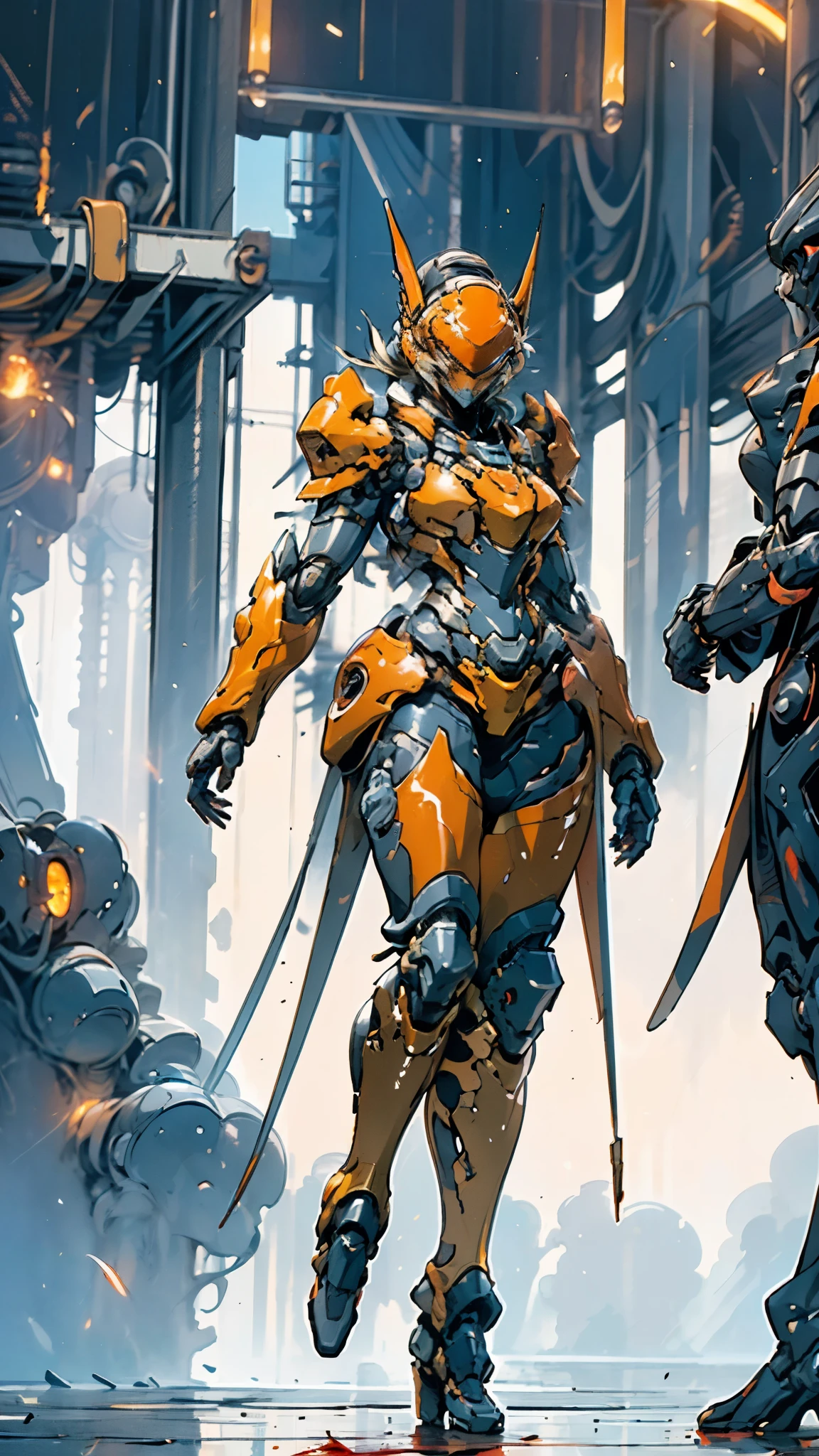 A woman adorned in fantasy-style full-body armor, a crown-concept fully enclosed helmet that unveils only her eyes, a composite layered chest plate, fully encompassing shoulder and hand guards, a lightweight waist armor, form-fitting shin guards, the overall design is heavy-duty yet flexible, ((the armor gleams with a golden glow, complemented by red and blue accents)), exhibiting a noble aura, she floats above a fantasy-surreal high-tech city, this character embodies a finely crafted fantasy-surreal style armored hero in anime style, exquisite and mature manga art style, (Queen bee mixed with Spider concept Armor, plasma, blood), ((Element, energy, elegant, goddess, femminine:1.5)), metallic, high definition, best quality, highres, ultra-detailed, ultra-fine painting, extremely delicate, professional, anatomically correct, symmetrical face, extremely detailed eyes and face, high quality eyes, creativity, RAW photo, UHD, 32k, Natural light, cinematic lighting, masterpiece-anatomy-perfect, masterpiece:1.5