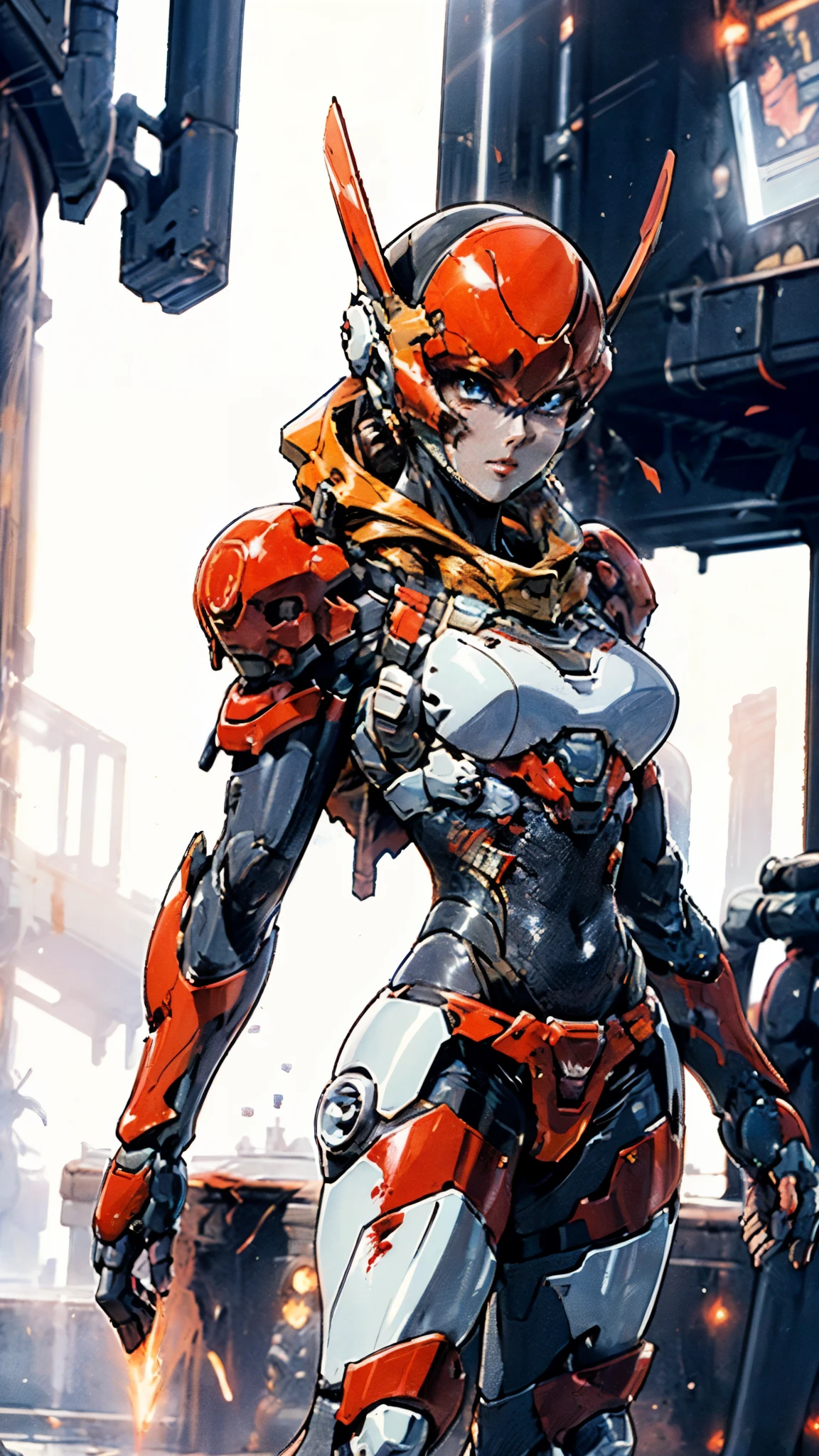 A woman adorned in fantasy-style full-body armor, a crown-concept fully enclosed helmet that unveils only her eyes, a composite layered chest plate, fully encompassing shoulder and hand guards, a lightweight waist armor, form-fitting shin guards, the overall design is heavy-duty yet flexible, ((the armor gleams with a golden glow, complemented by red and blue accents)), exhibiting a noble aura, she floats above a fantasy-surreal high-tech city, this character embodies a finely crafted fantasy-surreal style armored hero in anime style, exquisite and mature manga art style, (Queen bee mixed with Spider concept Armor, plasma, blood), ((Element, energy, elegant, goddess, femminine:1.5)), metallic, high definition, best quality, highres, ultra-detailed, ultra-fine painting, extremely delicate, professional, anatomically correct, symmetrical face, extremely detailed eyes and face, high quality eyes, creativity, RAW photo, UHD, 32k, Natural light, cinematic lighting, masterpiece-anatomy-perfect, masterpiece:1.5