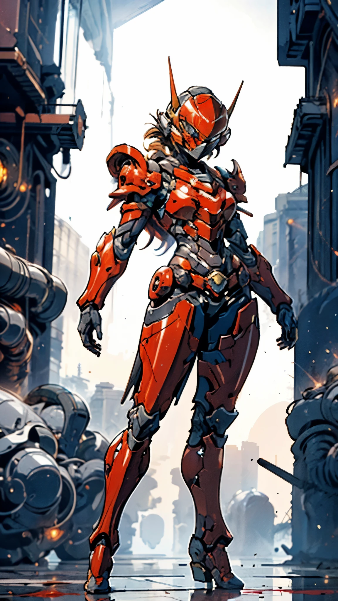 A woman adorned in fantasy-style full-body armor, a crown-concept fully enclosed helmet that unveils only her eyes, a composite layered chest plate, fully encompassing shoulder and hand guards, a lightweight waist armor, form-fitting shin guards, the overall design is heavy-duty yet flexible, ((the armor gleams with a golden glow, complemented by red and blue accents)), exhibiting a noble aura, she floats above a fantasy-surreal high-tech city, this character embodies a finely crafted fantasy-surreal style armored hero in anime style, exquisite and mature manga art style, (Queen bee mixed with Spider concept Armor, plasma, blood), ((Element, energy, elegant, goddess, femminine:1.5)), metallic, high definition, best quality, highres, ultra-detailed, ultra-fine painting, extremely delicate, professional, anatomically correct, symmetrical face, extremely detailed eyes and face, high quality eyes, creativity, RAW photo, UHD, 32k, Natural light, cinematic lighting, masterpiece-anatomy-perfect, masterpiece:1.5