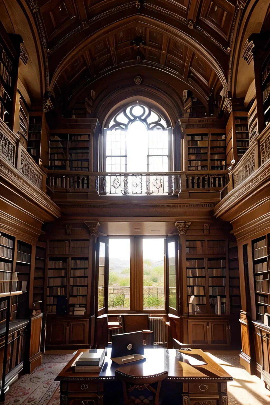 library castle, luxury desk, natural out side, large window