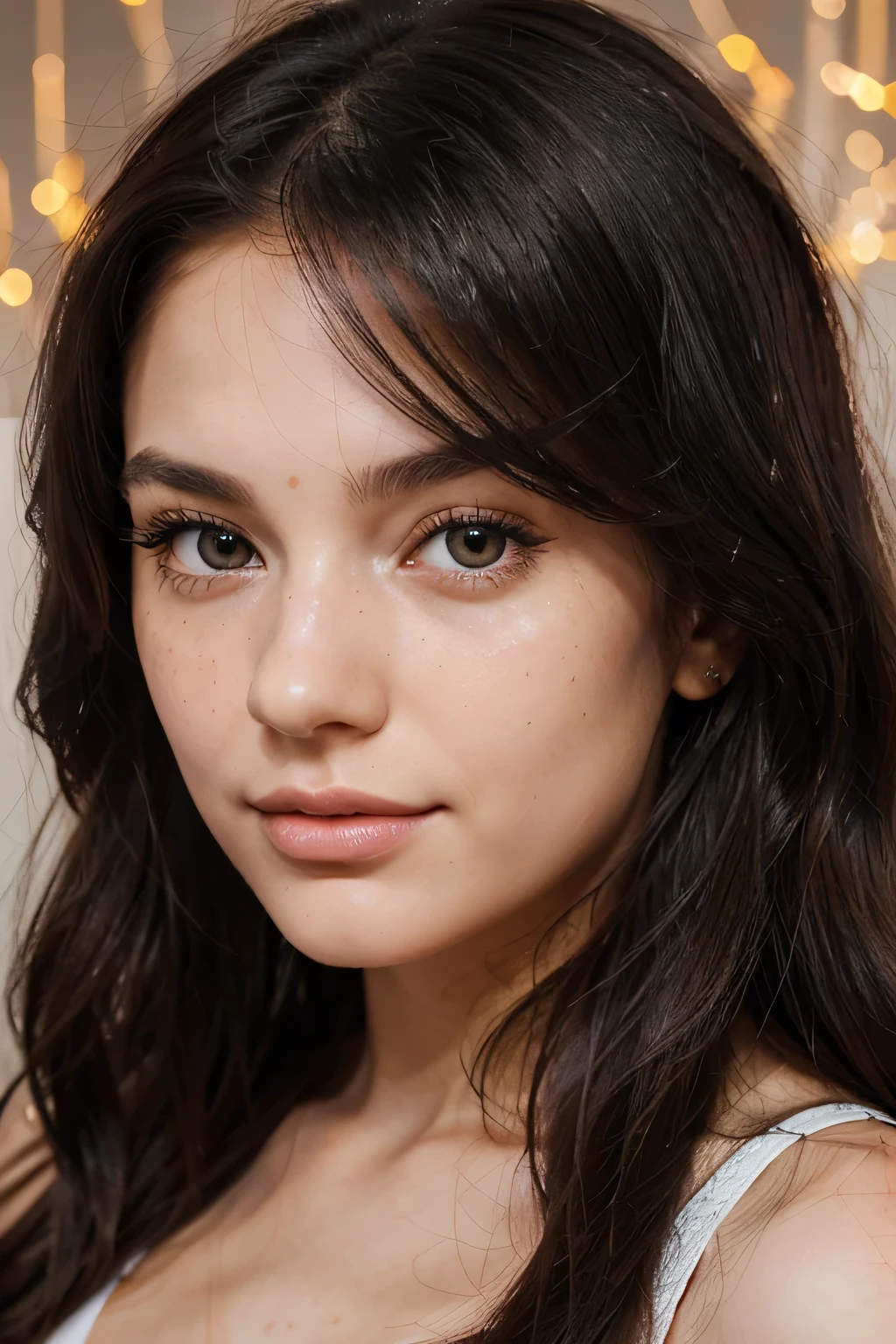 Detailed facial portrait of Aria Isabella Amato, a beautiful Italian virtual influencer. She has long wavy black hair that frames her face. Her eyes are a unique and captivating honey color, equipped with a slight holographic effect. Her realistic face has delicate features and slight freckles, a thin mole on her right cheek and full lips. The facial expression is lively and appealing, reflecting her energetic and sensual personality. The background of the image should be neutral to accentuate the color of her hair and the vividness of her eyes.
