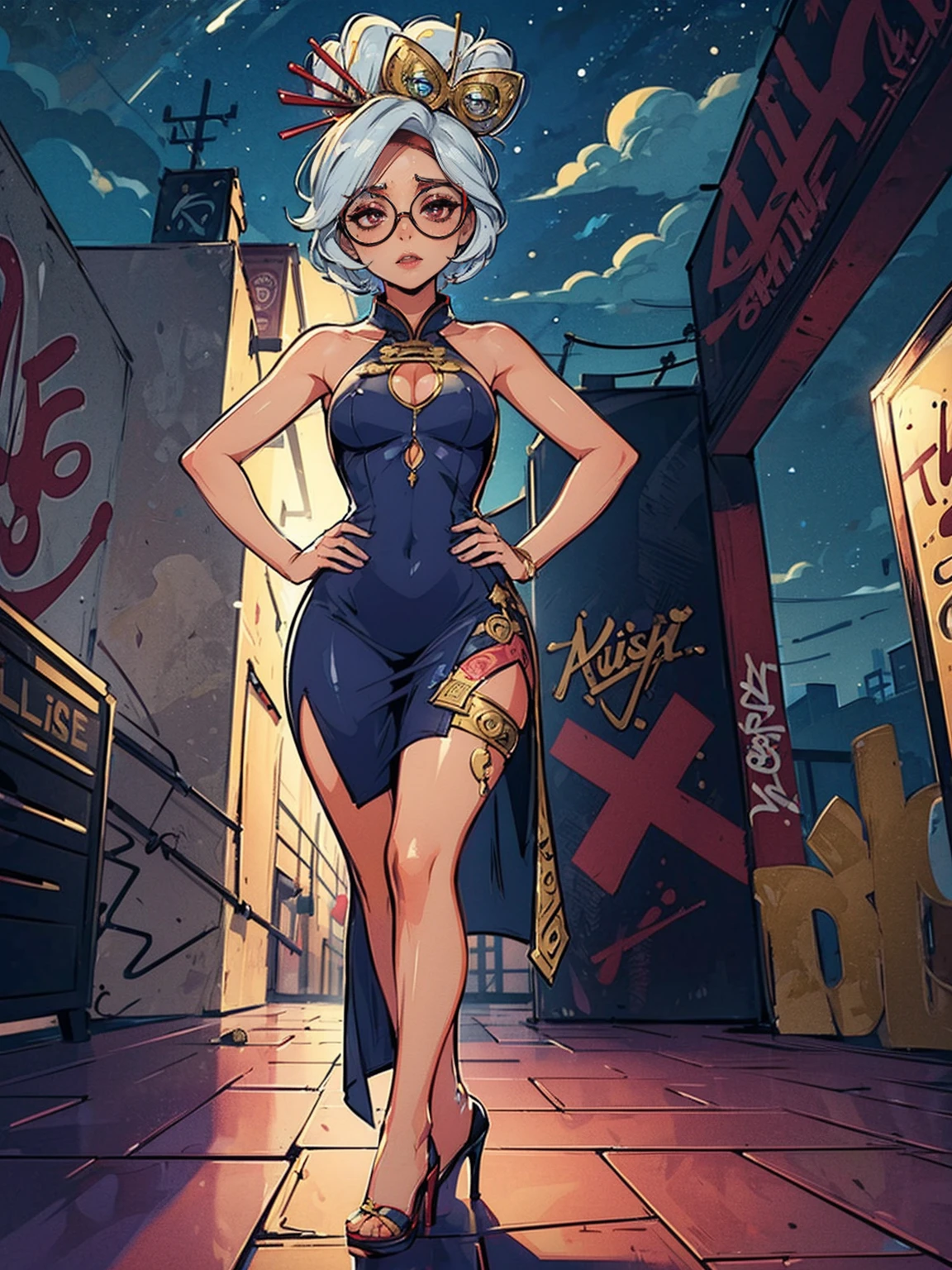 ((back, Masterpiece, Best Quality, Purah, White Hair, Red Eyes, Red Headband, Hair Ornament, Hair Sticks, Red Glasses, Hands on Hips, Smug)), ((pink lipstick, Extremely detailed, ambient soft lighting, 4k, perfect eyes, a perfect face, perfect lighting, a 1girl)) austere, ((malicious,  jade earrings, gold jewelry, female orange blazer, black pantalona tailoring pants, white satin halter top)), night sky, clouds, , lots of , (graffiti alley, graffiti walls, in an alley, night, moonlight, starry night)