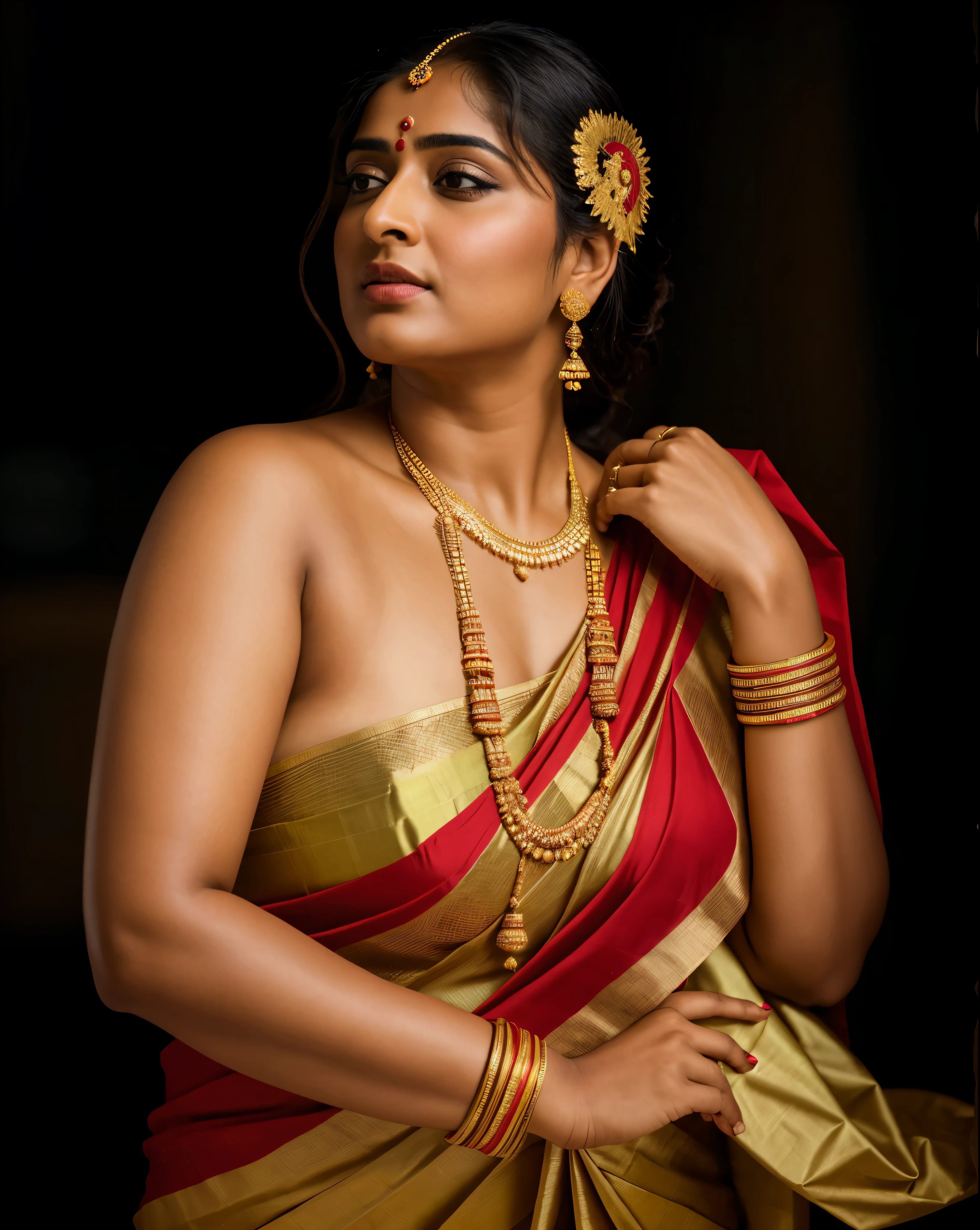 Foto RAW, photorealistic, photography, full body shot, master shot, Saree model, model Photography, Indian saree shoot, Indian traditional wear advertising photography, traditional wear brand shoot, face of Indian actress Anushka shetty, masterpiece, realistic, realism, photorealism, high contrast, photorealistic Artstation 8k HD digital art trend of high definition and detailed realistic skin texture, ultra detail, realistic skin texture, armature, best quality, ultra high definition, (photorealistic:1.4),, high resolution, detail, raw photo, Re sharp, by Lee Jefferies Nikon D850 Film Stock Photo 4 Kodak Portra 400 Camera F1.6 Lens Rich Color Ultra Real Realistic Realistic Textures Dramatic Lighting Unreal Engine Trending at Art Station Cinestill 800,(pele altamente detalhada: 1.2), 8k UHD, DSLR, soft-lighting, alta qualidade, grain of film, Fujifilm XT3