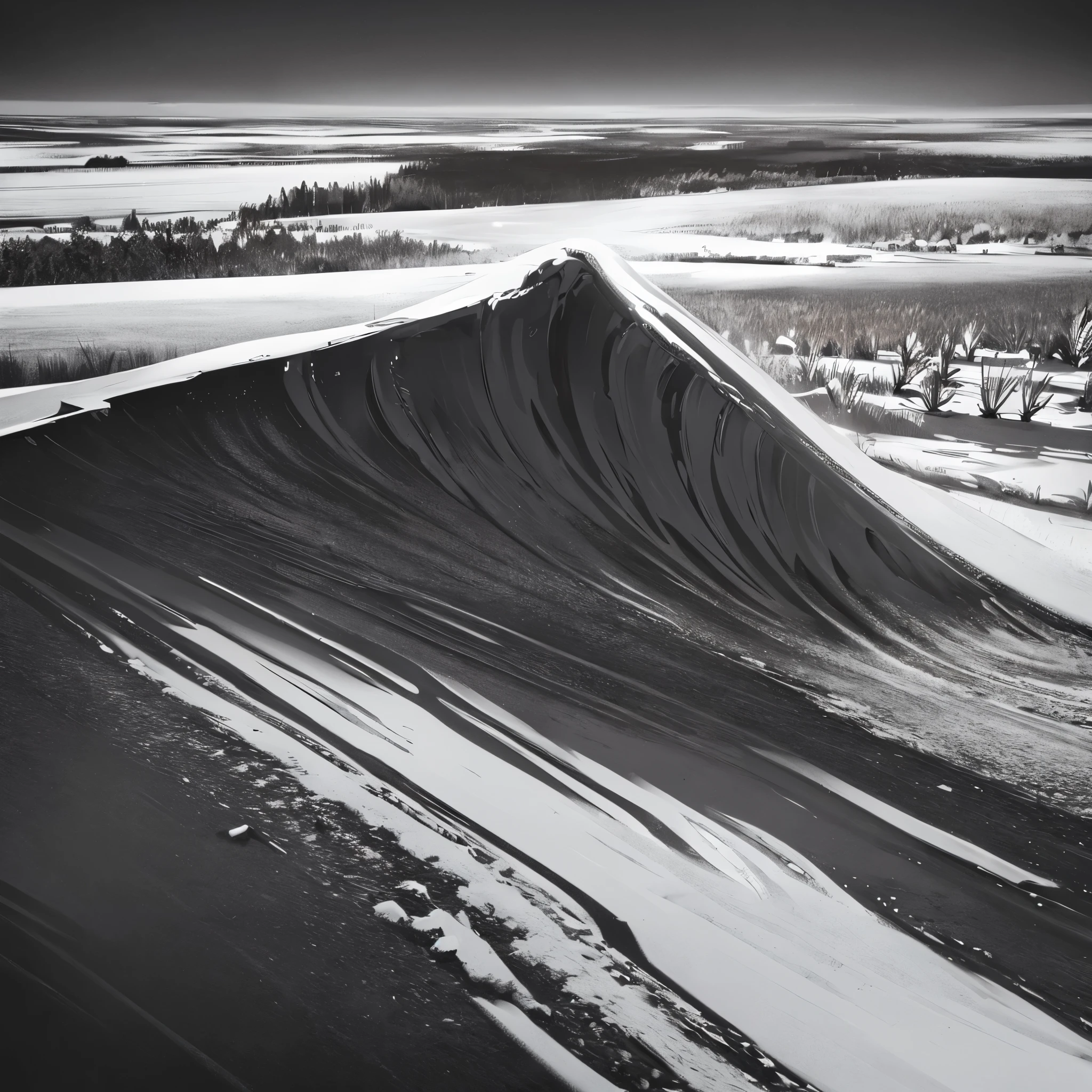Medium detail, black and white image, empty snowy stop in the middle of a field, lots of snow, no people 