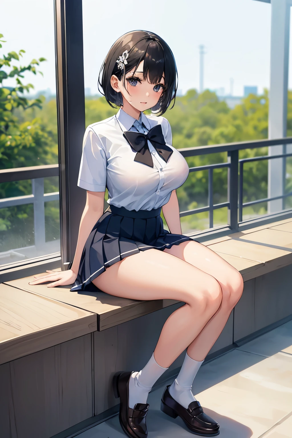 (masterpiece, highest quality, super detailed), (sumika), 1girl,  (slim:1.7), short hair, black hair, (big breasts:1.6), raised, Wet , Sweat,  beautiful face,  (Big eyes:1.5), cute,  fog,   (school uniform:0.6), (white shits:1.4), (Pleated skirt:1.4)  (from side:1.5),  JP SCHOOL UNIFORM, JS_ShortSkirt, (micro mini skirt:1.5), at school, window, (full body:1.5), white panty, skirt up, thong, 