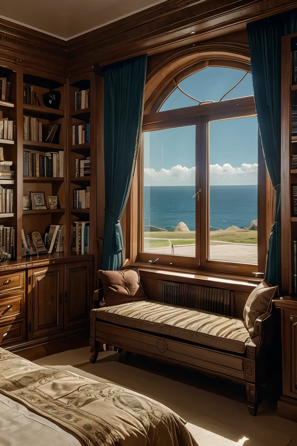 at night, a luxury castle bedroom, bookshelves, TV, large window, and sea outside, attract wind
